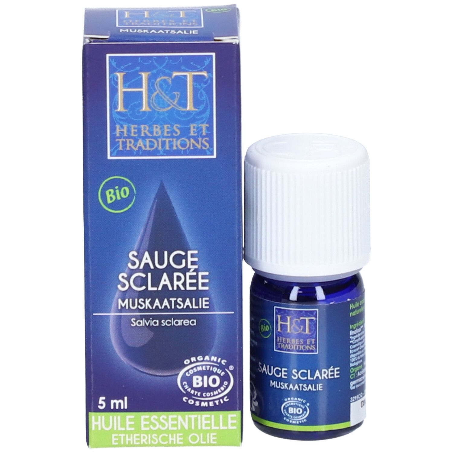 Flacon bleu avec bouchon blanc et carton. Inscription: H&T, Sauge Sclarée, 5 ml, certification bio.