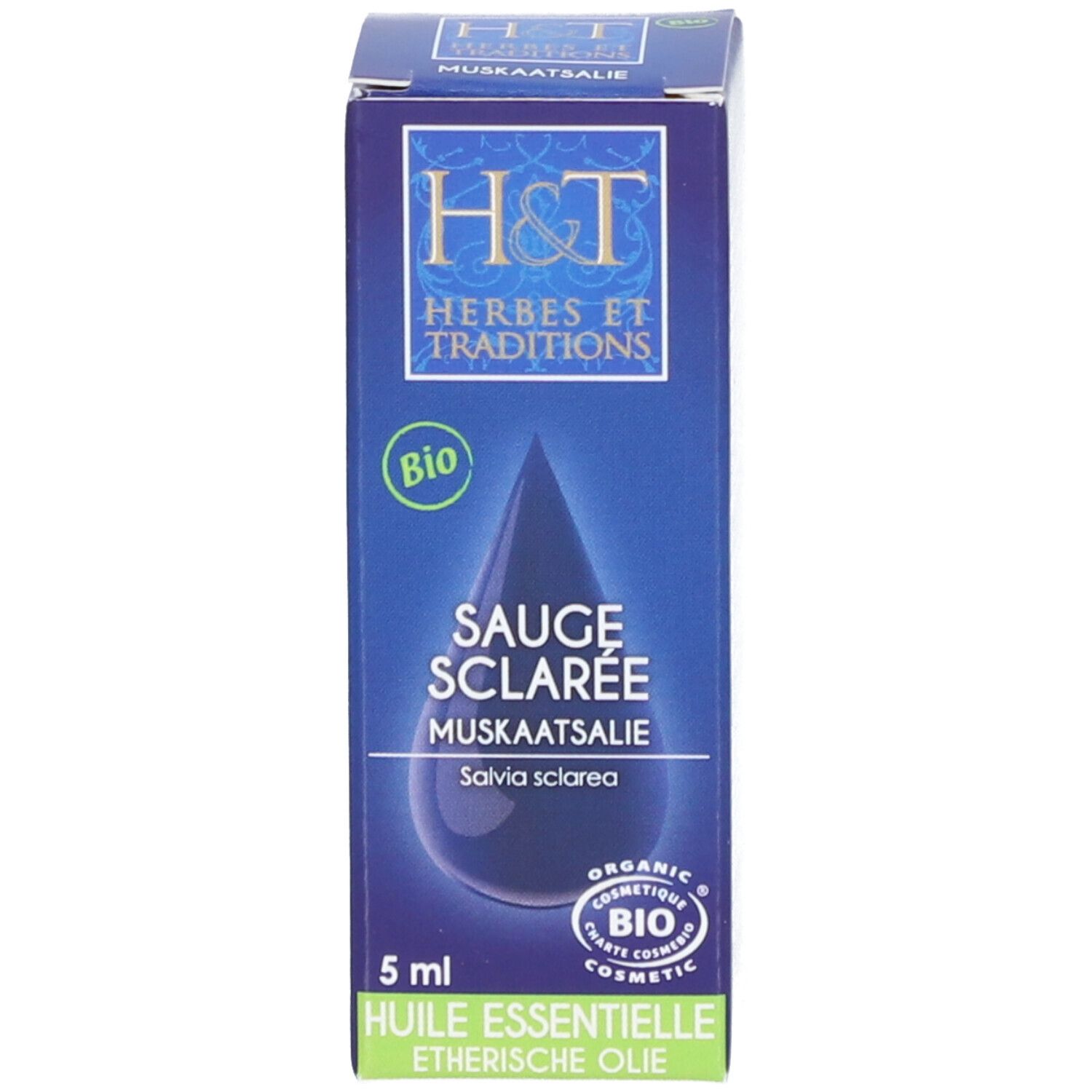 Boîte avec inscription: H&T, Sauge Sclarée, 5 ml, certification bio, illustration goutte.