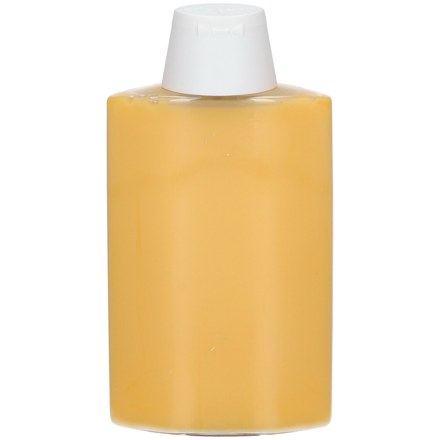 Flacon cylindrique jaune avec bouchon blanc. Contient un liquide jaune.
