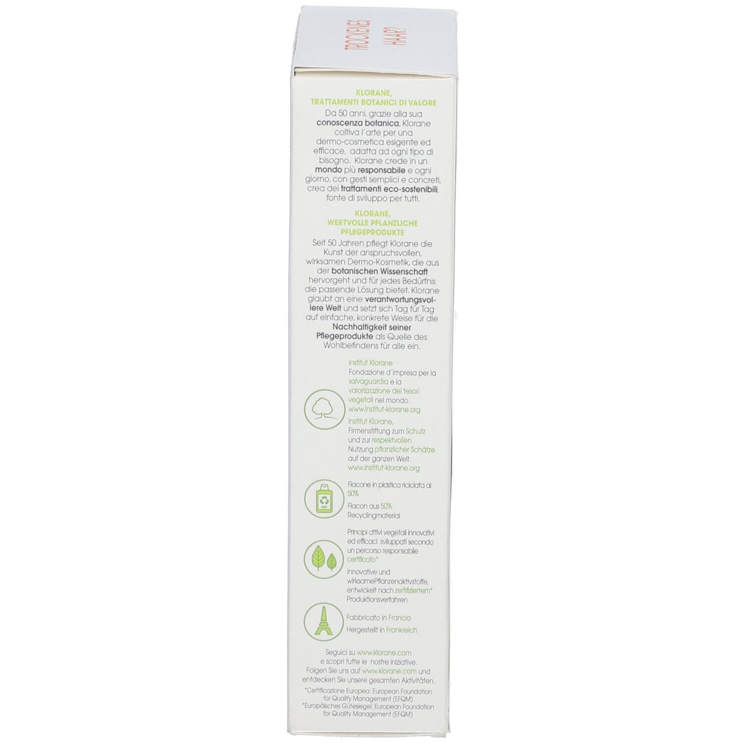 Boîte blanche avec texte. Contient des informations sur le produit et ses ingrédients.