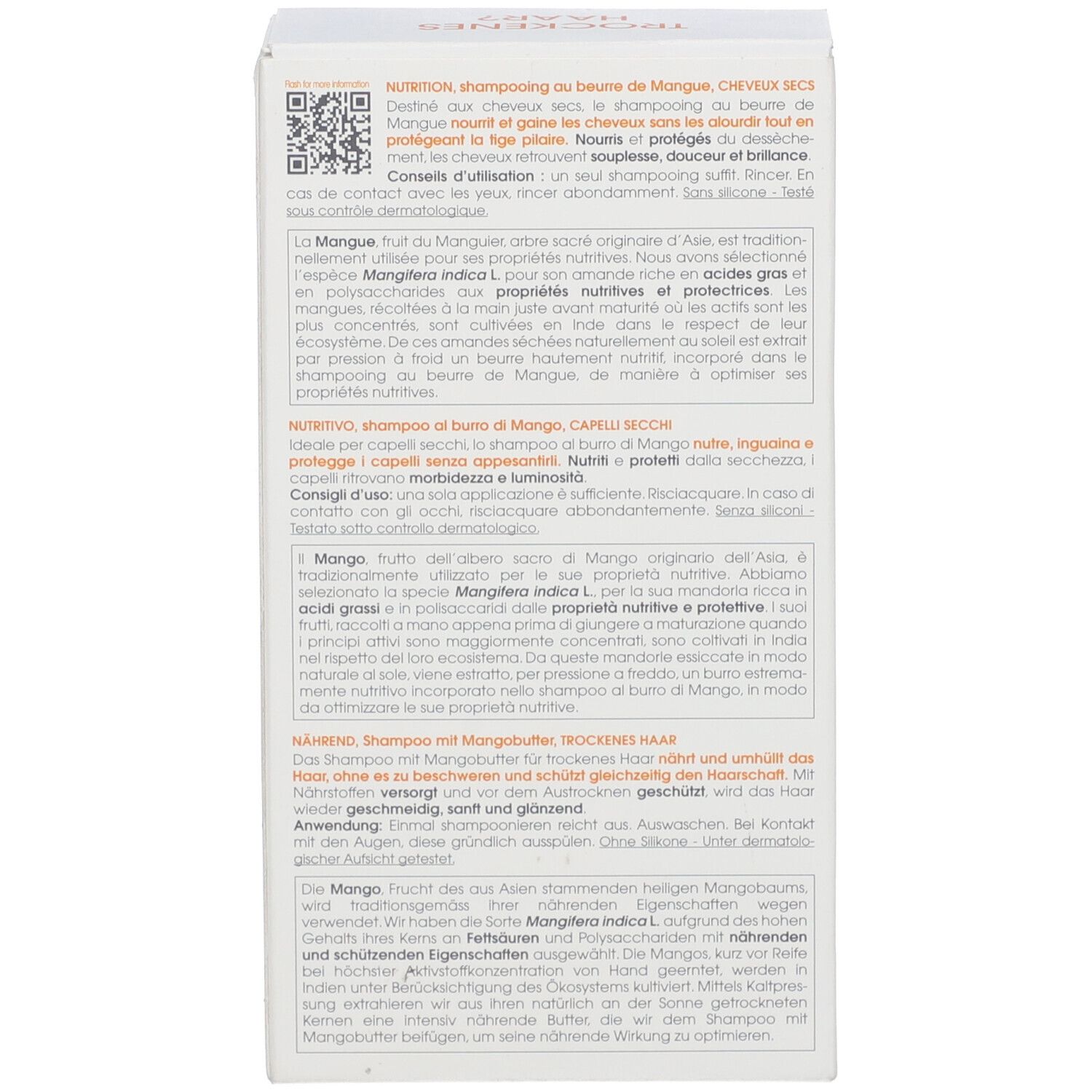 Boîte blanche avec texte. Contient des informations sur le produit en plusieurs langues.