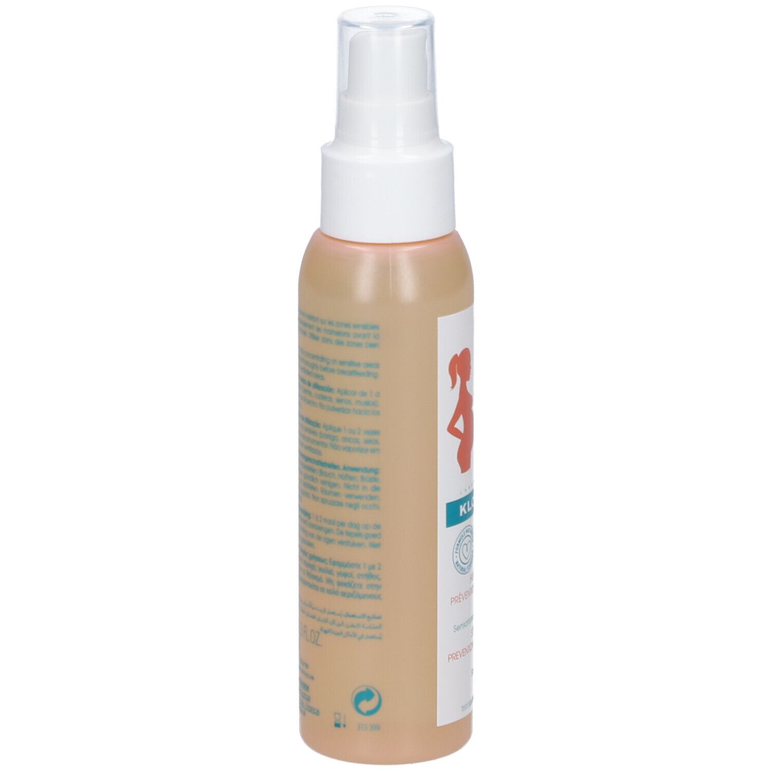 KLORANE Dehnungsstreifen-Öl. Flasche mit Produktinformationen. Logo, Schwangere-Silhouette und Produktbezeichnung.