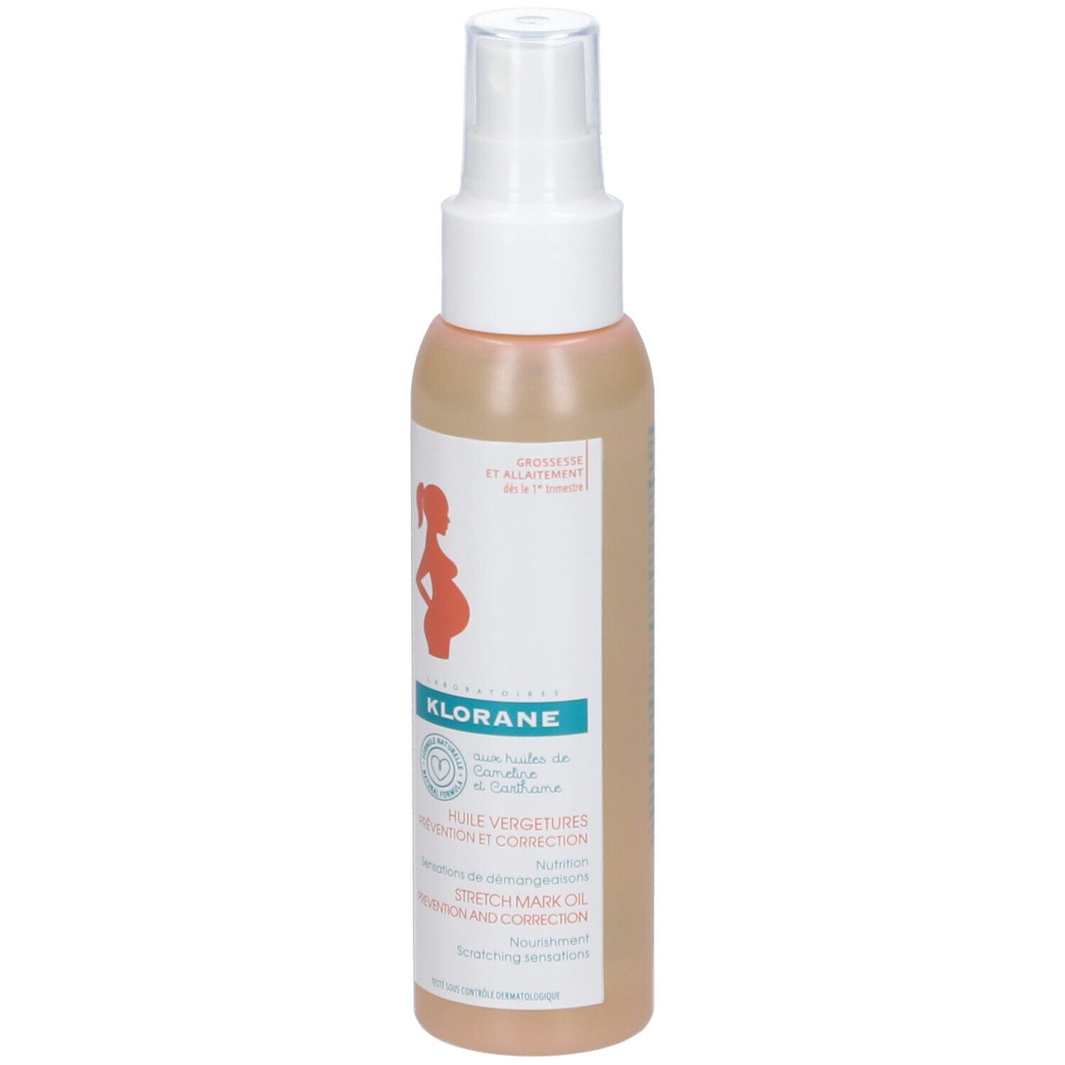 KLORANE Dehnungsstreifen-Öl. Flasche mit Sprühkopf. Logo, Schwangere-Silhouette und Produktbezeichnung.