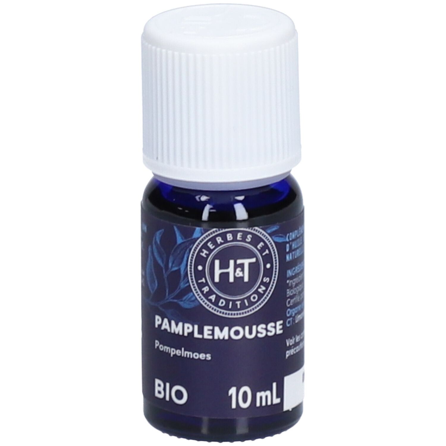 Flacon en verre bleu foncé avec bouchon blanc. Étiquette avec texte et logo. 10 ml. Certification BIO.
