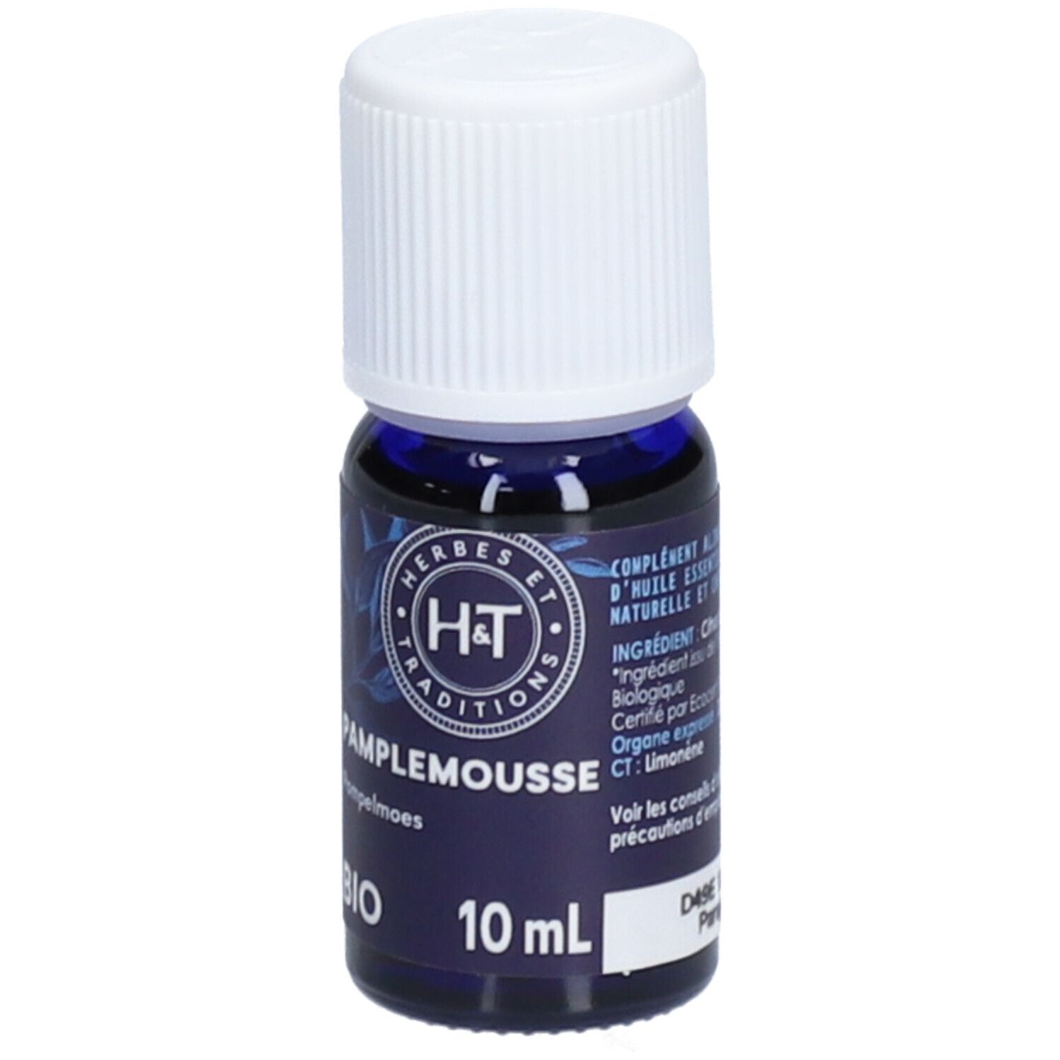 Flacon en verre bleu foncé avec bouchon blanc. Étiquette avec texte et logo. 10 ml. Certification BIO.
