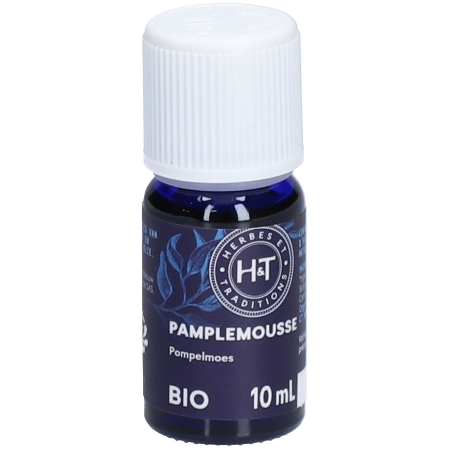 Flacon en verre bleu foncé avec bouchon blanc. Étiquette avec texte et logo. 10 ml. Certification BIO.