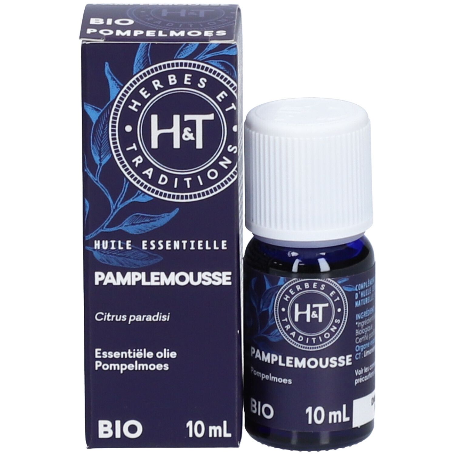 Flacon et emballage du produit. Flacon bleu foncé avec bouchon blanc. Boîte avec logo et texte. 10 ml.