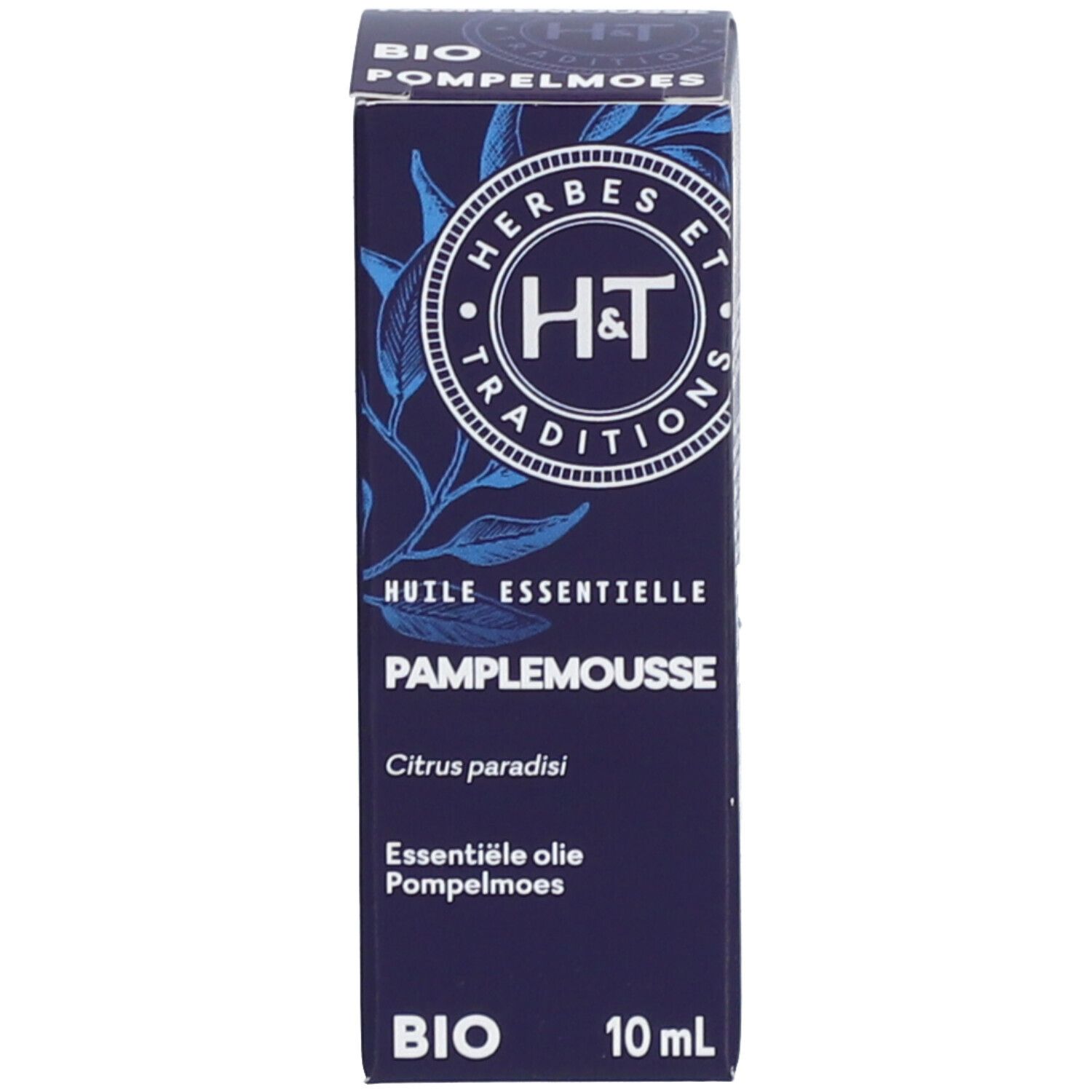 Emballage en carton. Bleu foncé avec logo et texte. 10 ml. Certification BIO.
