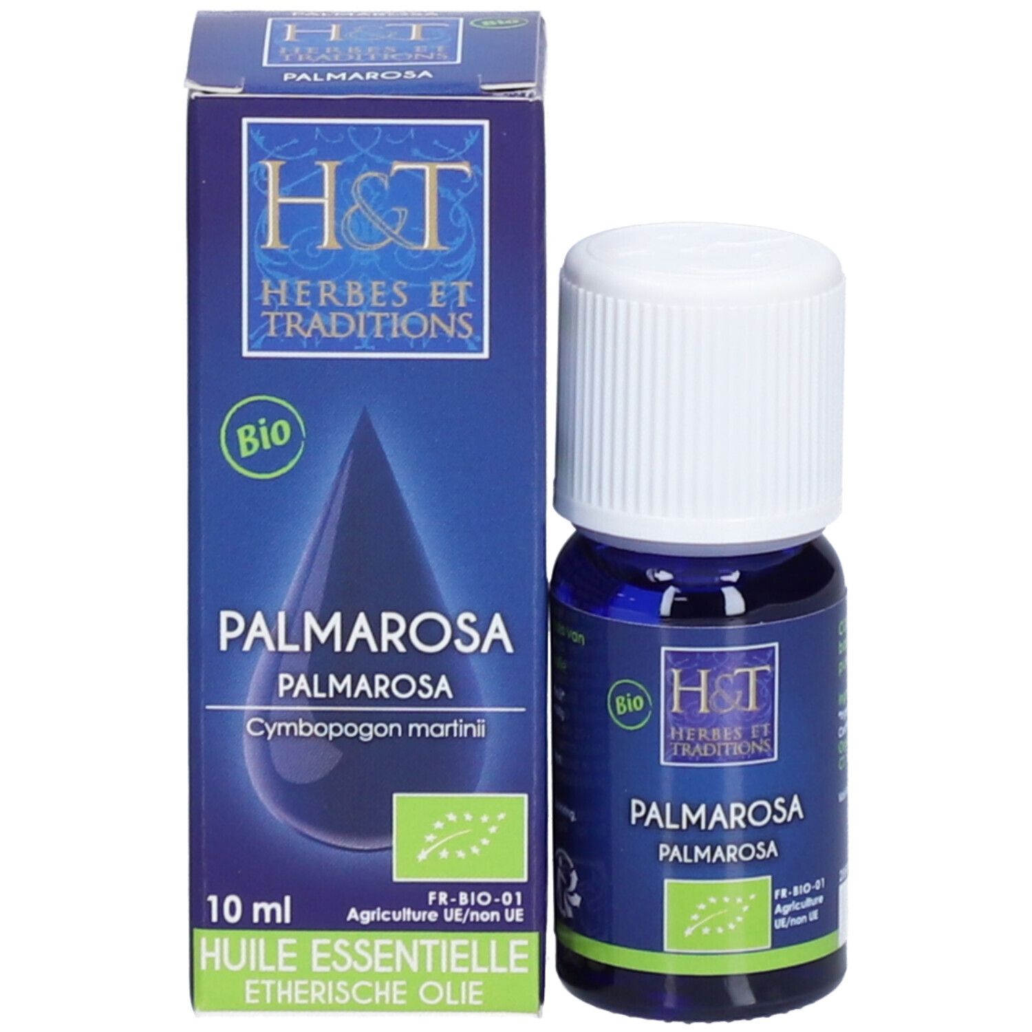 Flacon et emballage. Flacon bleu avec bouchon blanc et carton. Inscriptions: H&T, Palmarosa, label Bio.