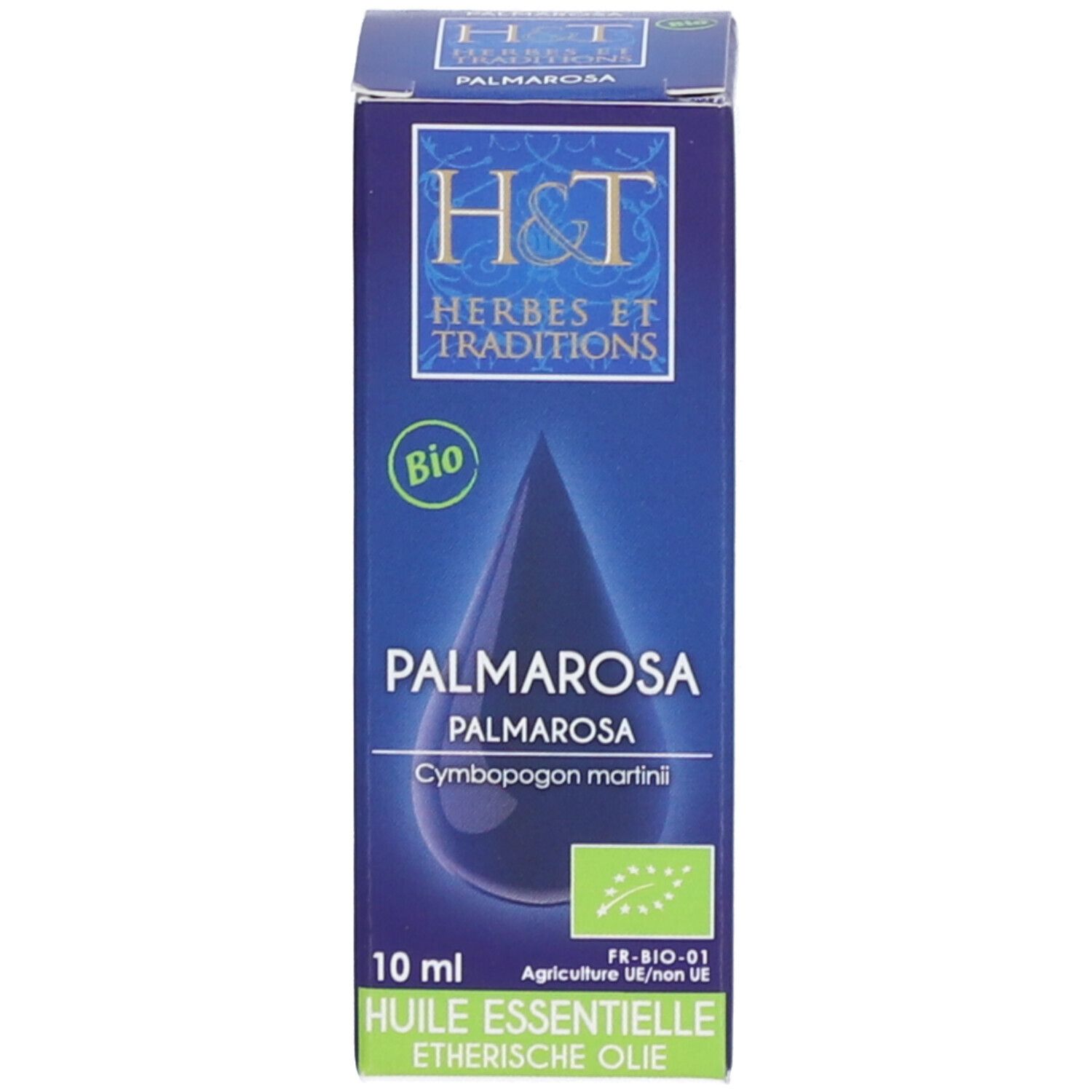 Emballage du produit. Boîte bleue avec inscriptions: H&T, Palmarosa, label Bio. 10 ml.