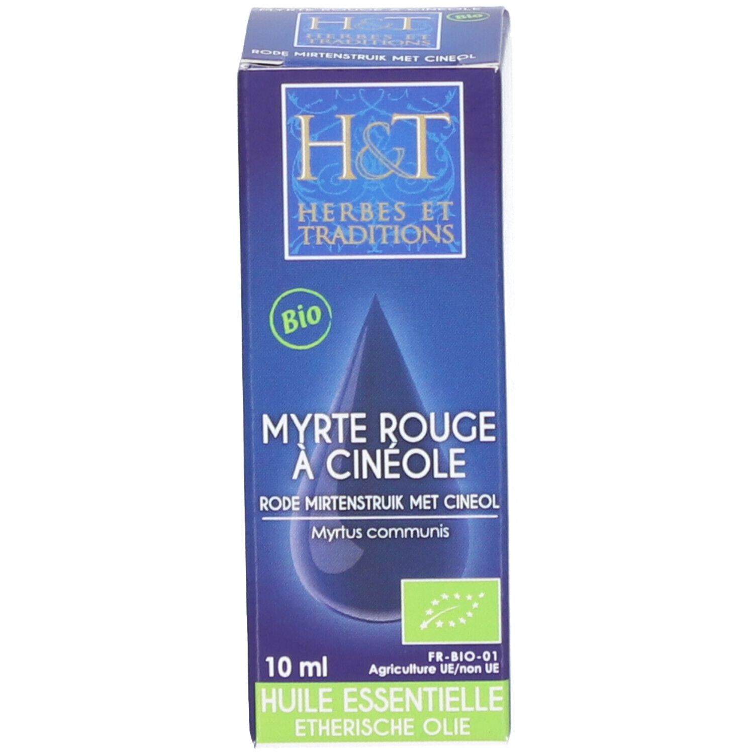 Produktverpackung. Blaue Schachtel mit Text, Bio-Siegel und Produktabbildung. Produktname: Myrte Rouge à Cinéole.
