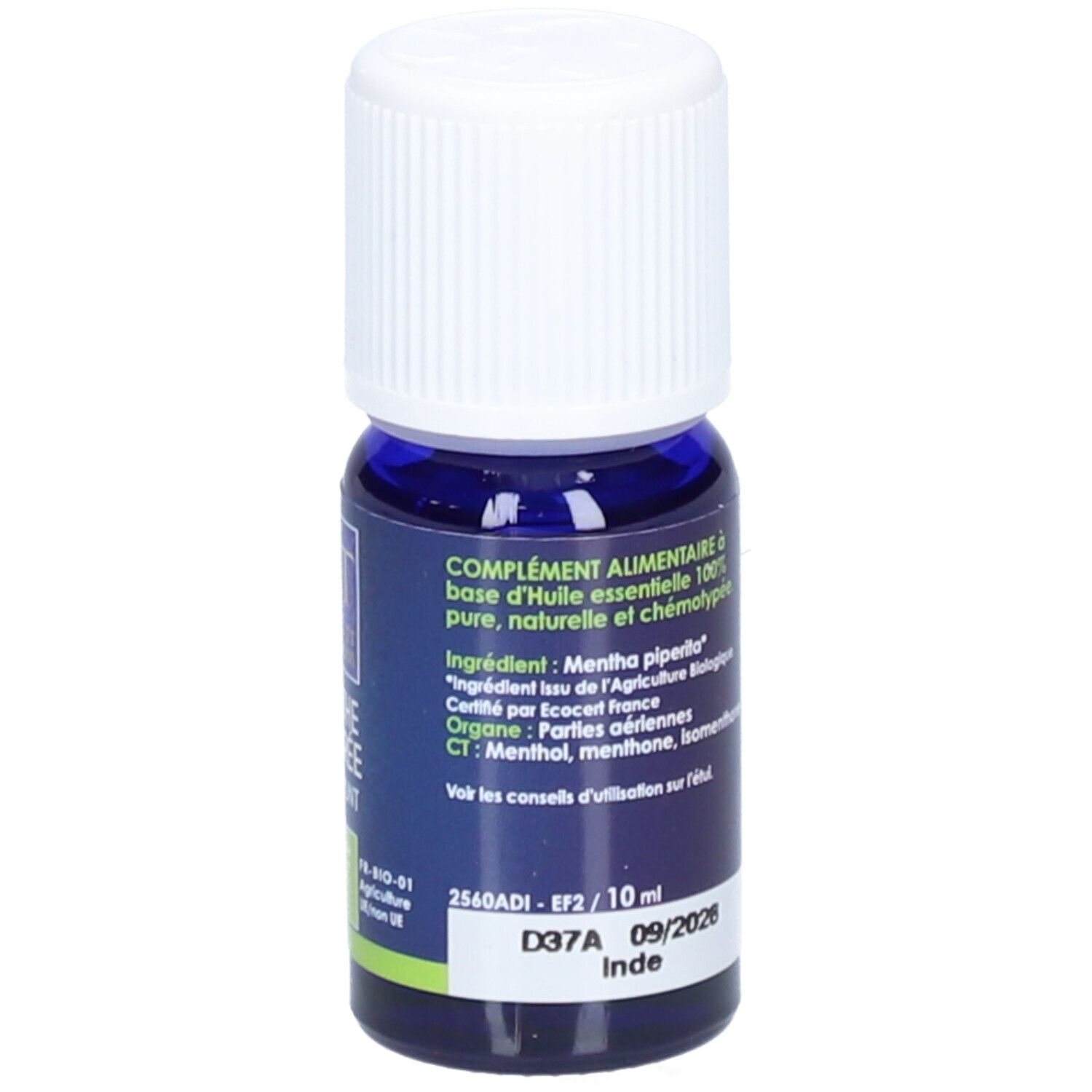 Blaues Glasfläschchen mit weißem Deckel. Rückseite mit Text. Haltbarkeitsdatum 09/2026. 10 ml.