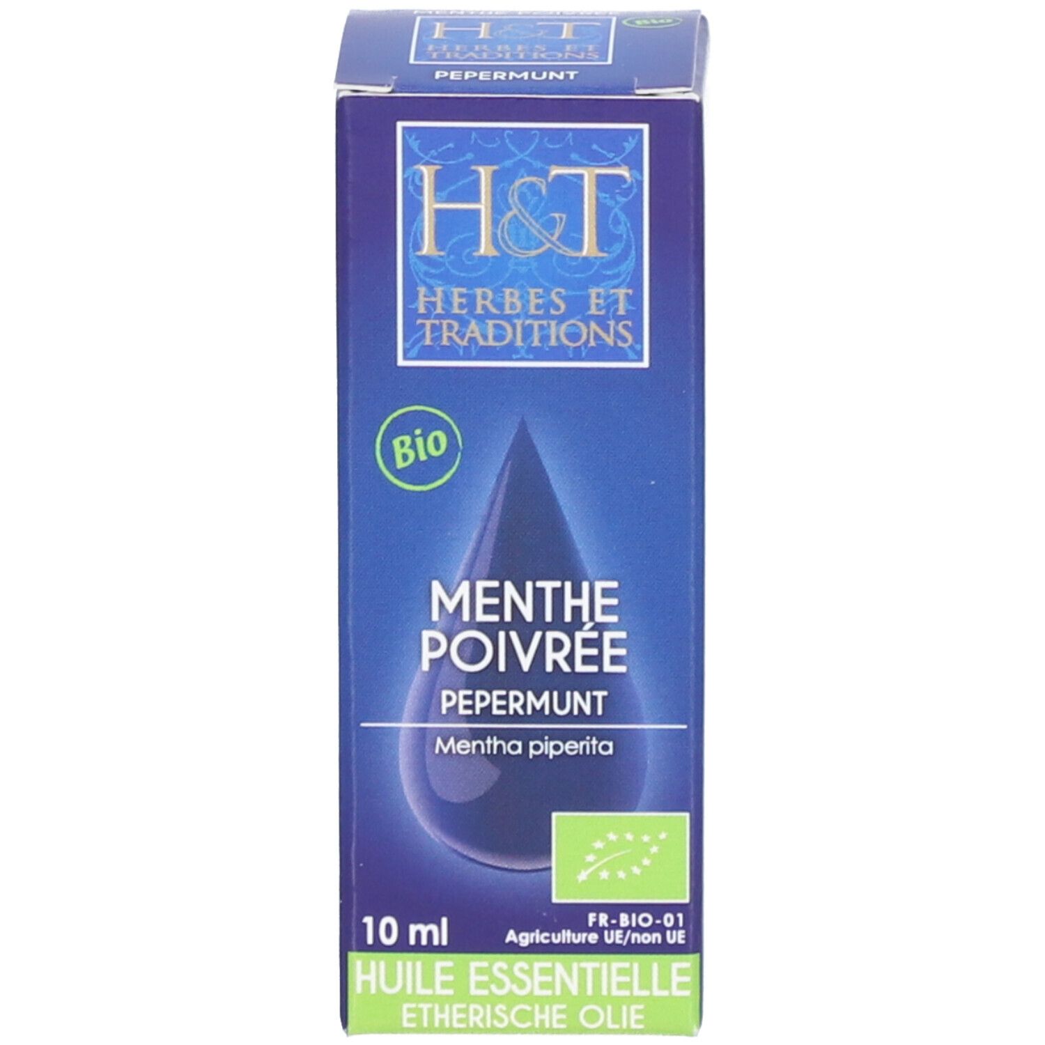 Verpackung. Blau, weiß. Text: H&T, Menthe Poivrée, Pepermunt. Bio-Siegel. 10 ml.