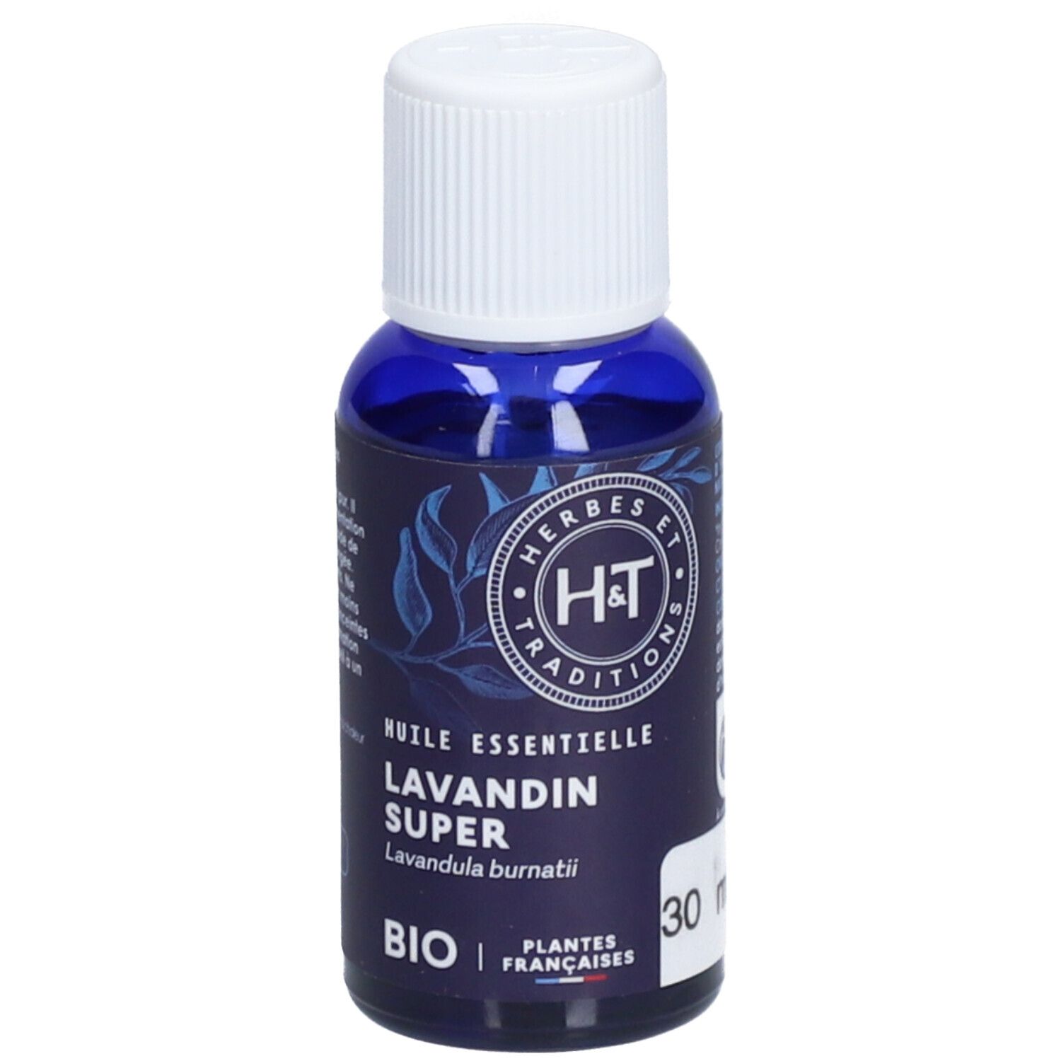Blaue Glasflasche mit weißem Deckel. Etikett mit Text: H&T, Lavandin Super, BIO. 30 ml.
