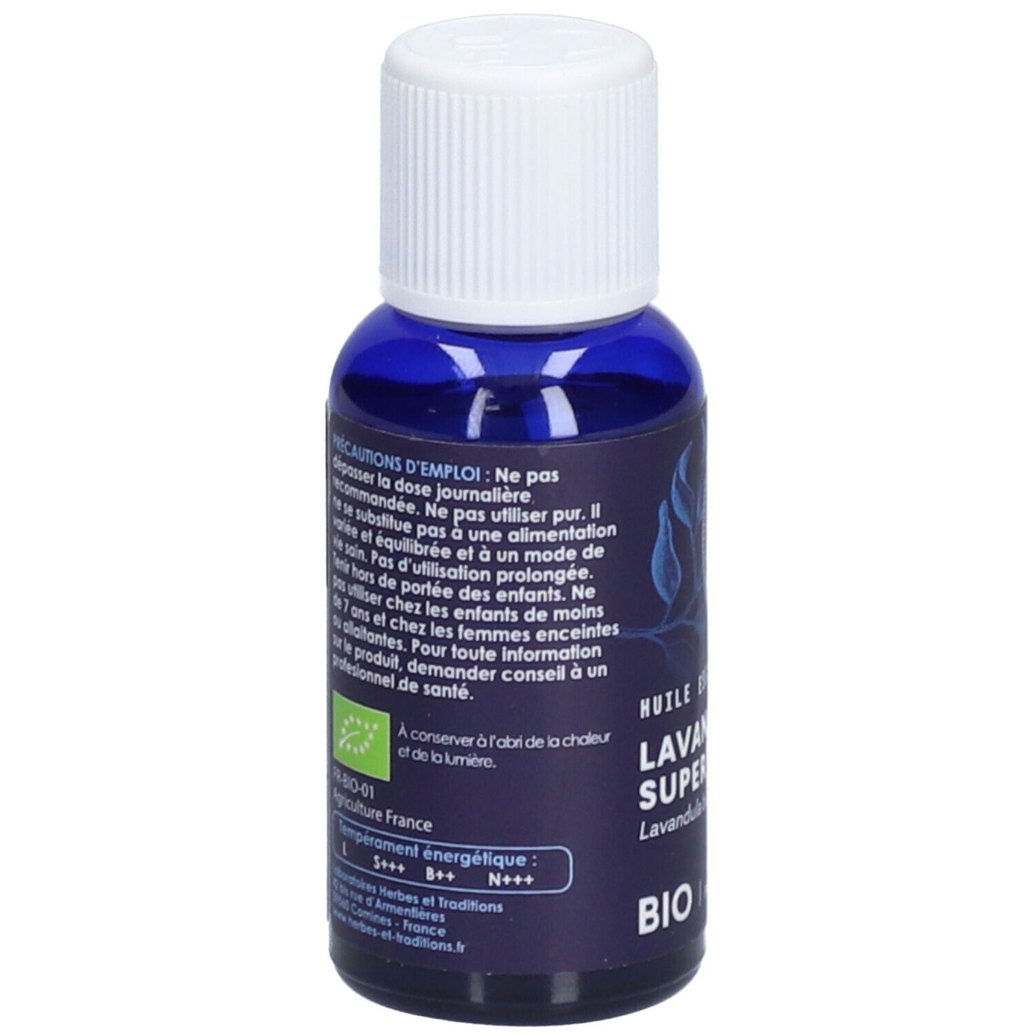 Rückseite einer blauen Glasflasche mit weißem Deckel. Text: Vorsichtsmaßnahmen, BIO-Zertifizierung, Herkunft.