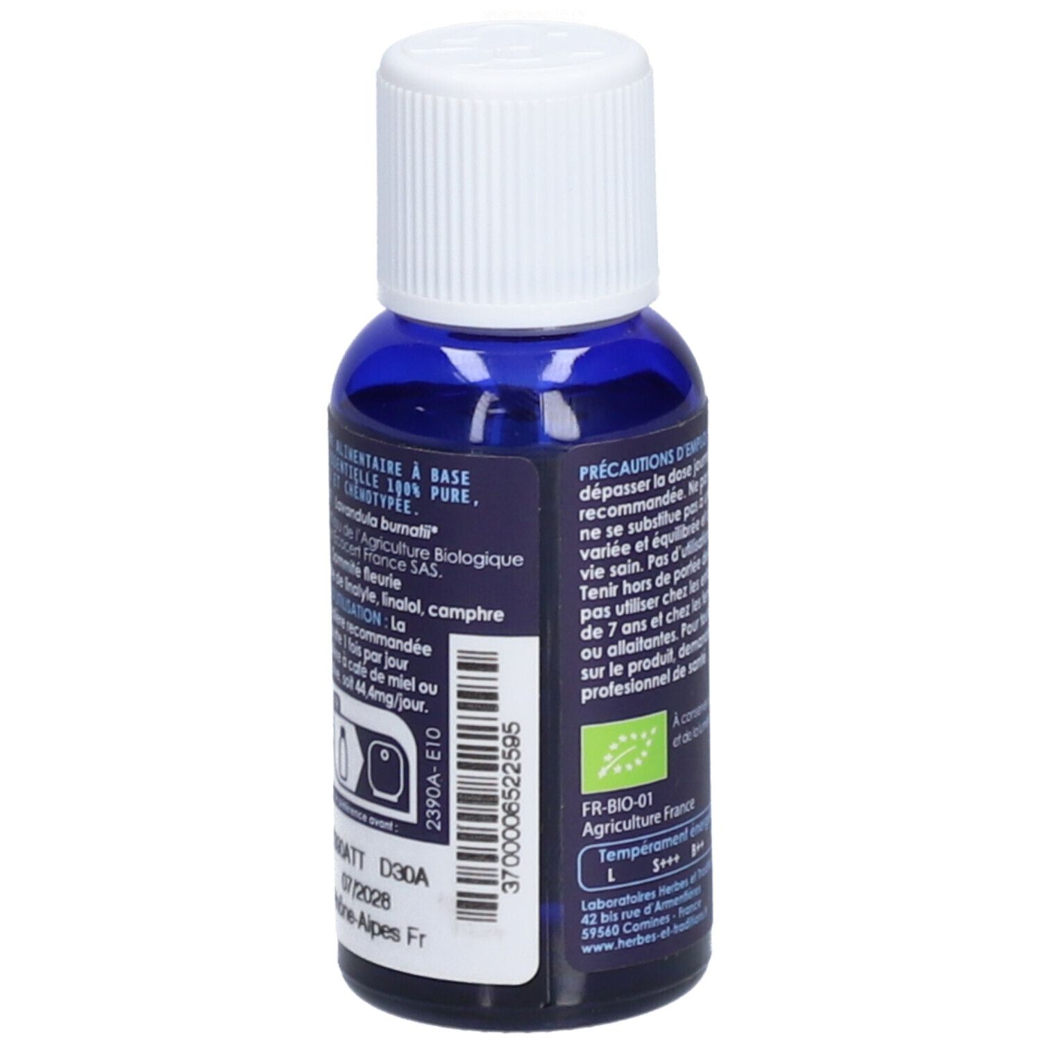 Blaue Glasflasche mit weißem Deckel. Etikett mit Text: Zutaten, BIO-Zertifizierung, Herkunft.