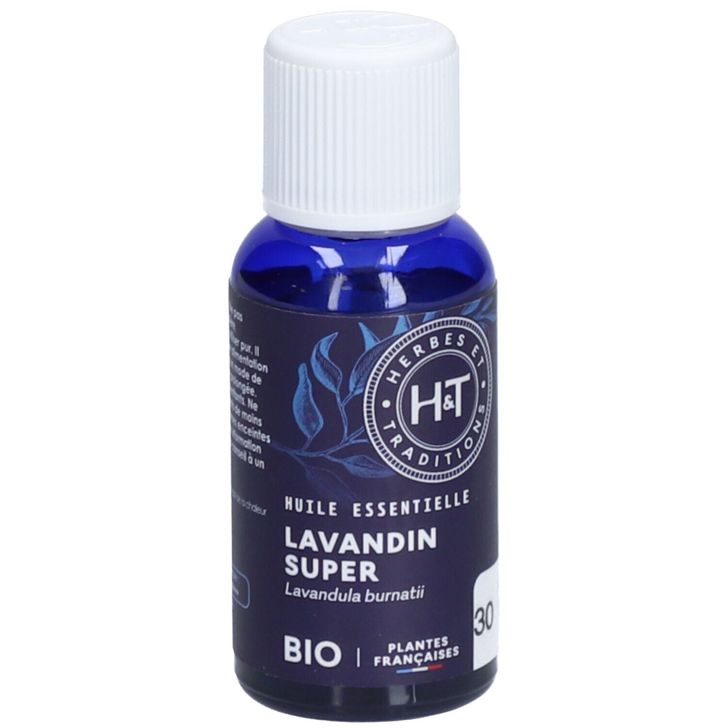 Blaue Glasflasche mit weißem Deckel. Etikett mit Text: H&T, Lavandin Super, BIO. 30 ml.