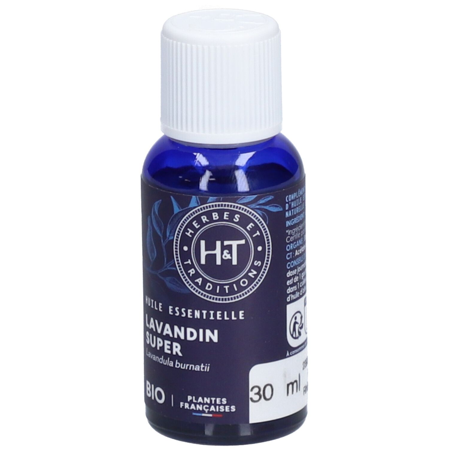 Blaue Glasflasche mit weißem Deckel. Etikett mit Text: H&T, Lavandin Super, BIO. 30 ml.