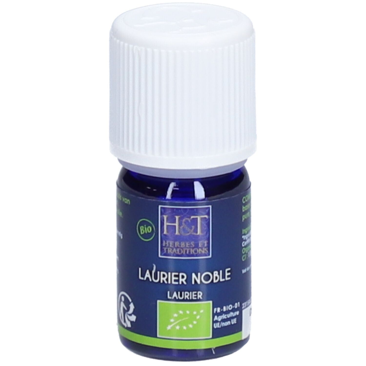 Flacon bleu avec bouchon blanc. Inscription: LAURIER NOBLE, label BIO. Logo H&T.