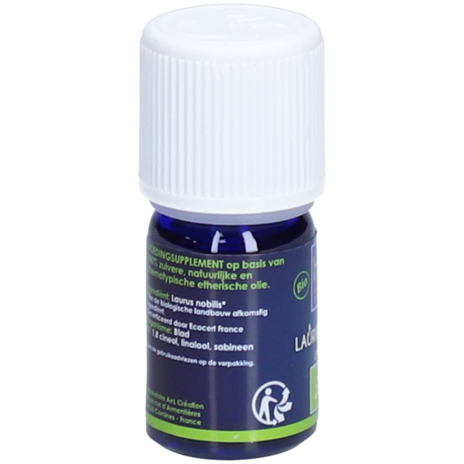 Flacon bleu avec bouchon blanc. Inscription: LAURIER NOBLE, label BIO. Logo H&T.