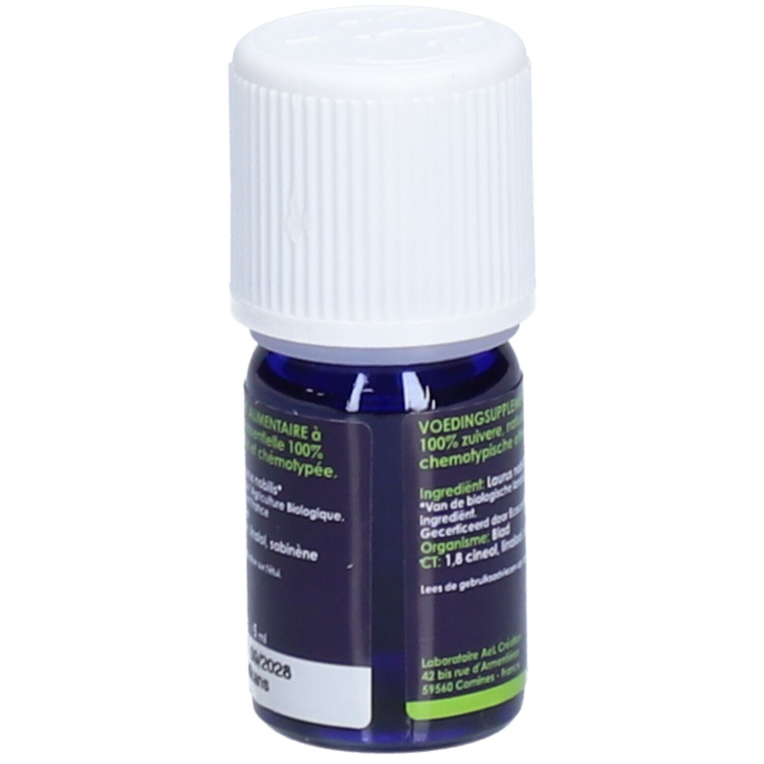 Flacon bleu avec bouchon blanc. Inscription: LAURIER NOBLE, label BIO. Logo H&T.