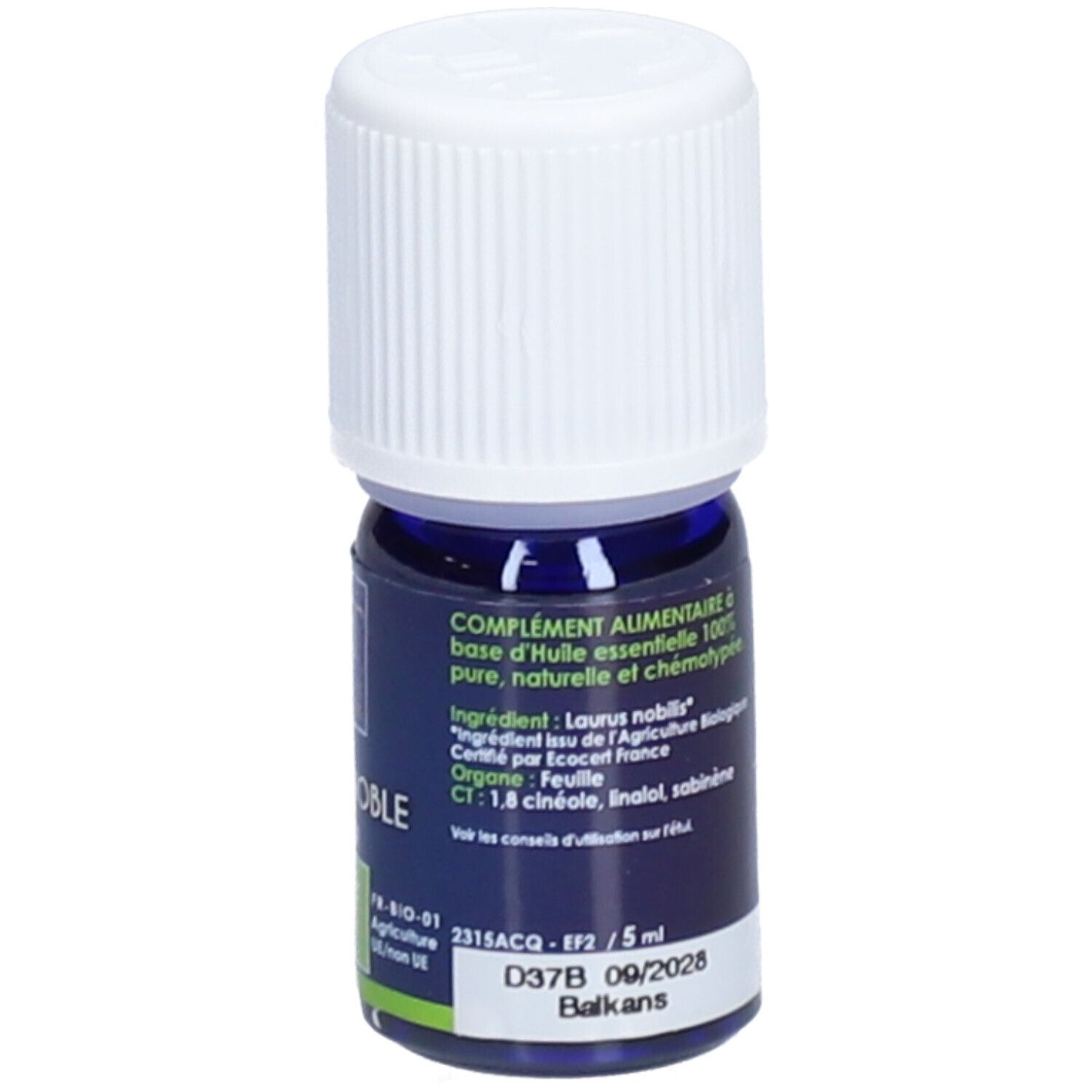 Flacon bleu avec bouchon blanc. Inscription: LAURIER NOBLE, label BIO. Logo H&T.