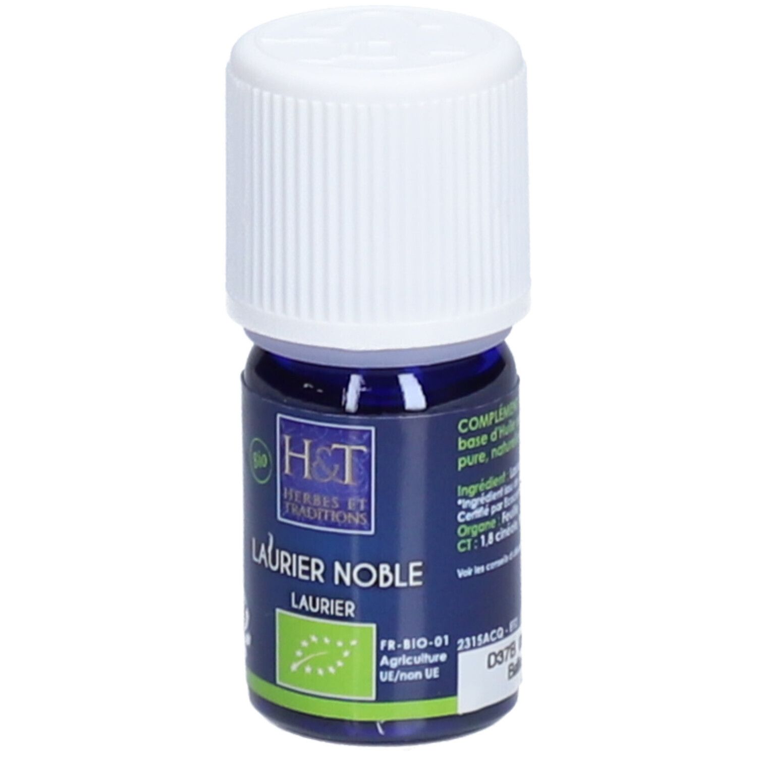 Flacon bleu avec bouchon blanc. Inscription: LAURIER NOBLE, label BIO. Logo H&T.
