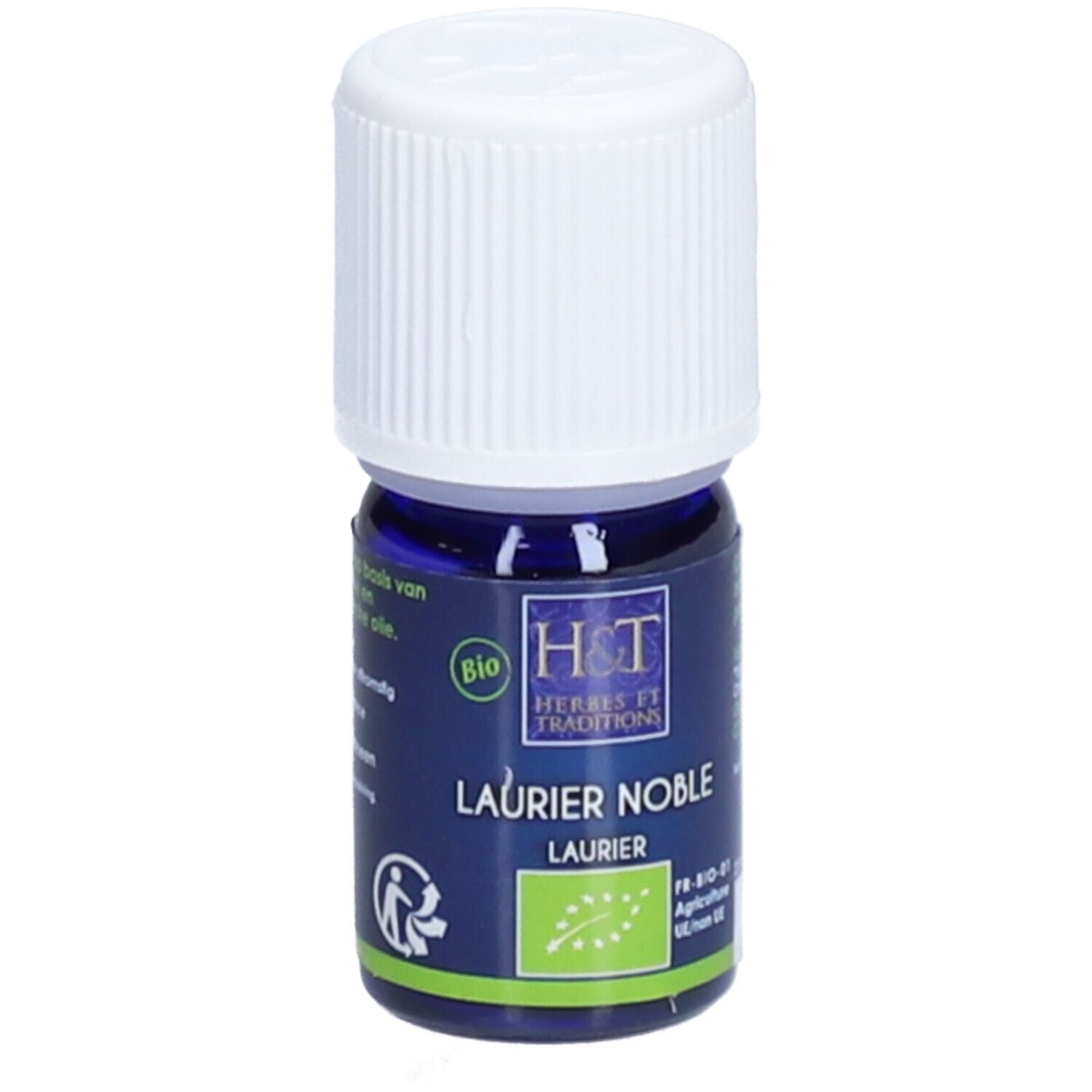 Flacon bleu avec bouchon blanc. Inscription: LAURIER NOBLE, label BIO. Logo H&T.