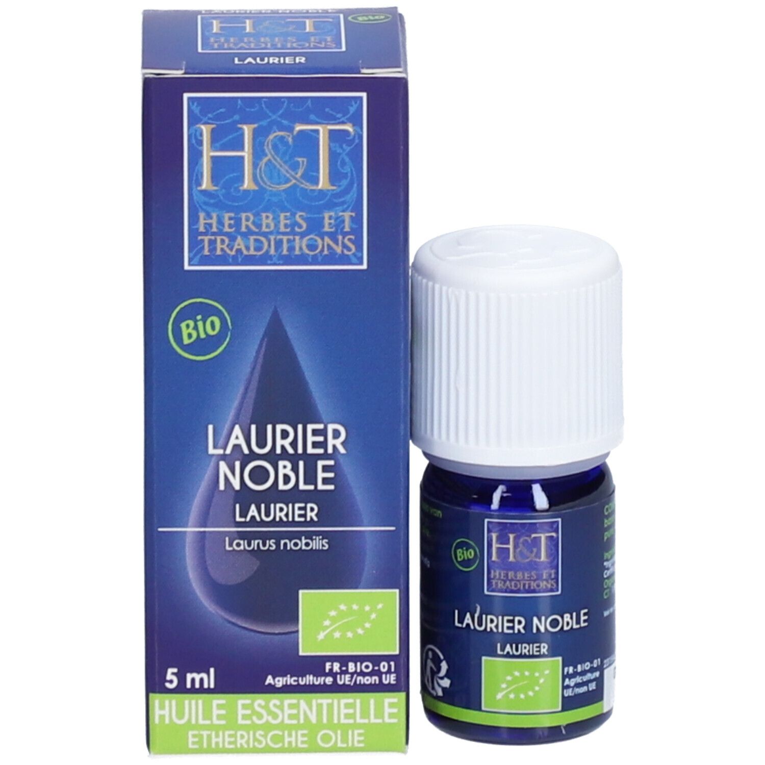 Flacon bleu avec bouchon blanc et emballage. Inscription: LAURIER NOBLE, label BIO. Logo H&T.
