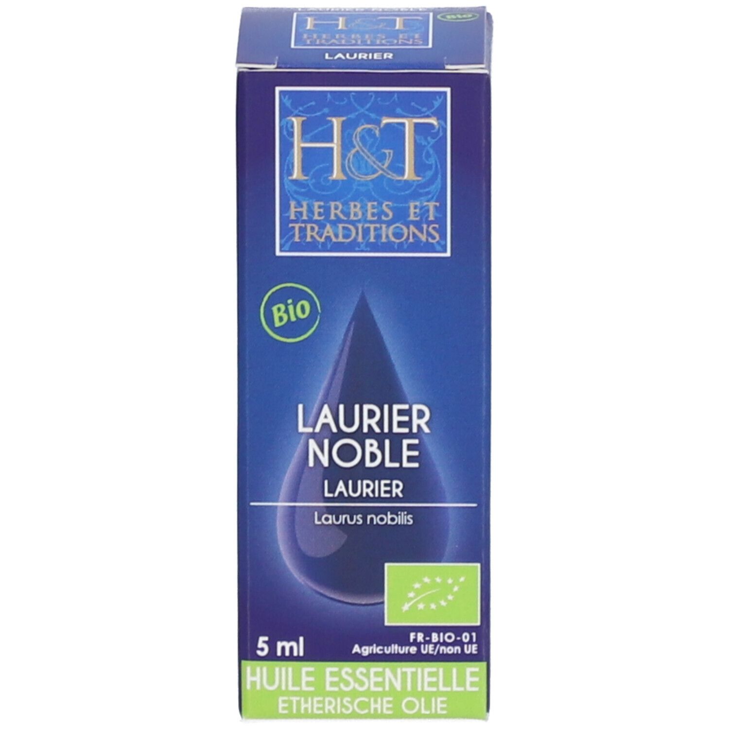 Emballage avec forme de goutte bleue. Inscription: LAURIER NOBLE, label BIO. Logo H&T.