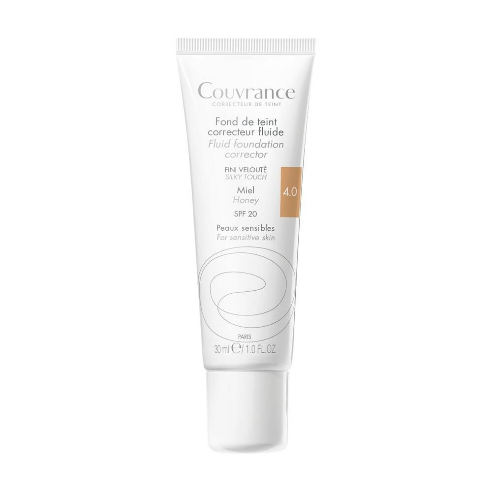 Tube blanc Couvrance, fond de teint fluide, teinte 4.0. Contient SPF 20. Pour peaux sensibles.