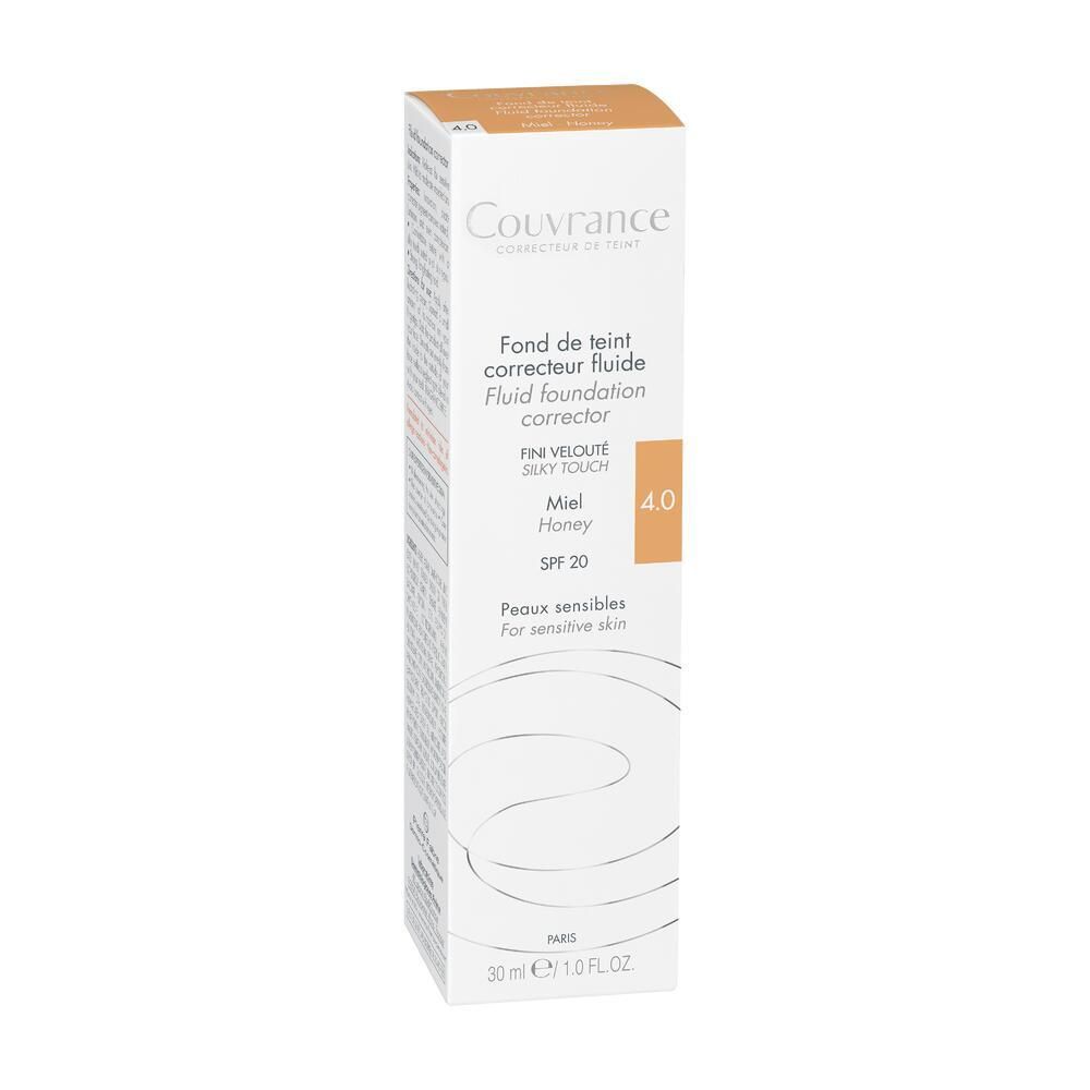 Boîte Couvrance, fond de teint fluide, teinte 4.0. Contient SPF 20. Pour peaux sensibles. Informations produit.
