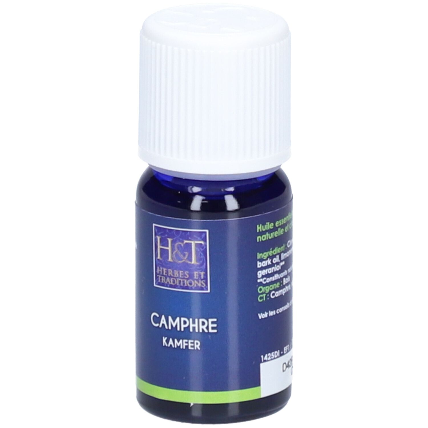 Flacon en verre bleu avec bouchon blanc. Inscription: CAMPHRE, KAMFER. Marque: Herbes et Traditions. Texte: 10 ml.