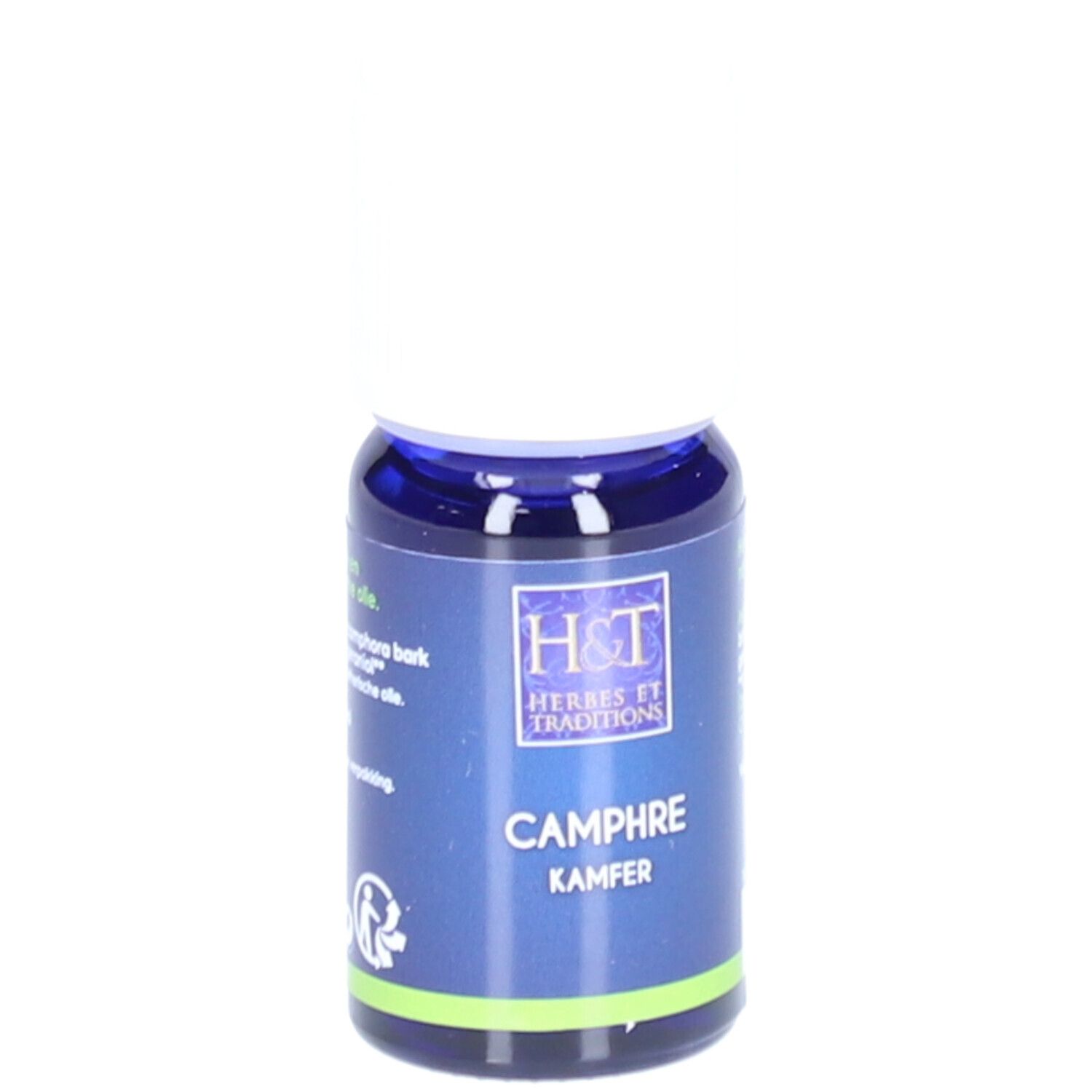 Flacon en verre bleu avec bouchon blanc. Inscription: CAMPHRE, KAMFER. Marque: Herbes et Traditions. Étiquette.