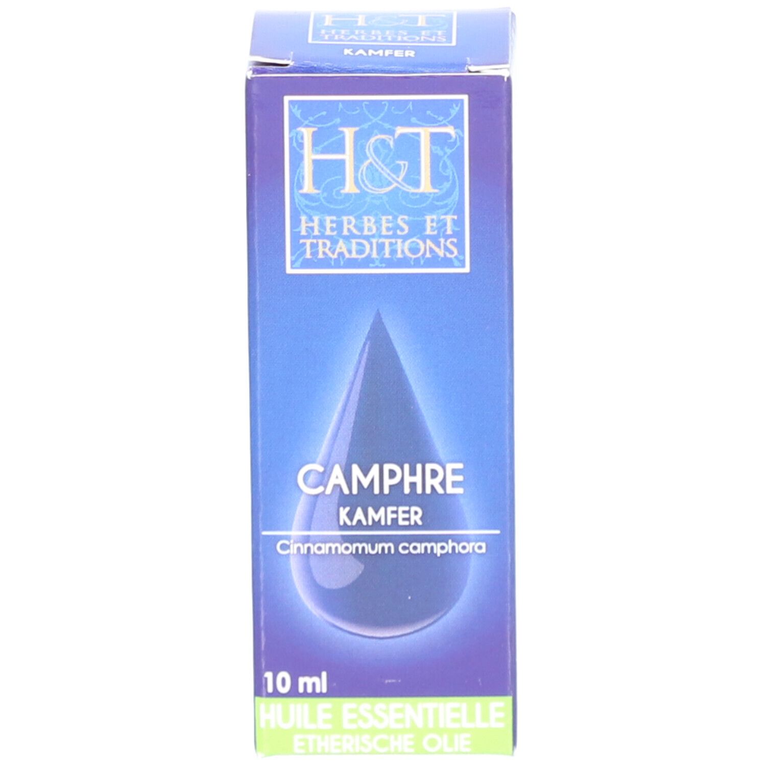 Emballage du produit bleu. Inscription: CAMPHRE, KAMFER. Marque: Herbes et Traditions. Texte: 10 ml. Illustration de goutte.