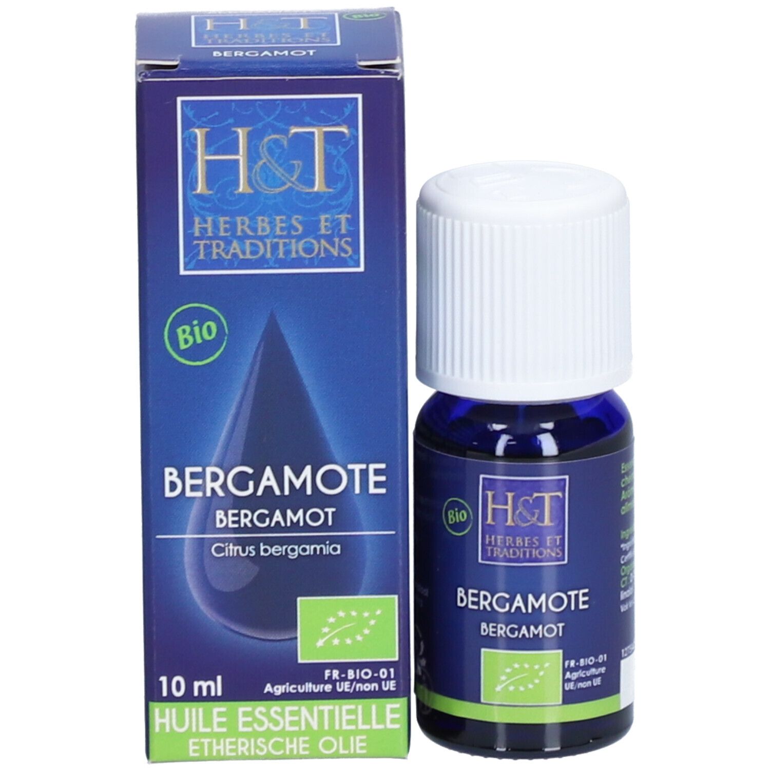 Flacon et emballage du produit. Flacon bleu avec bouchon blanc et boîte. Logo "H&T", "Bergamote" et label bio.