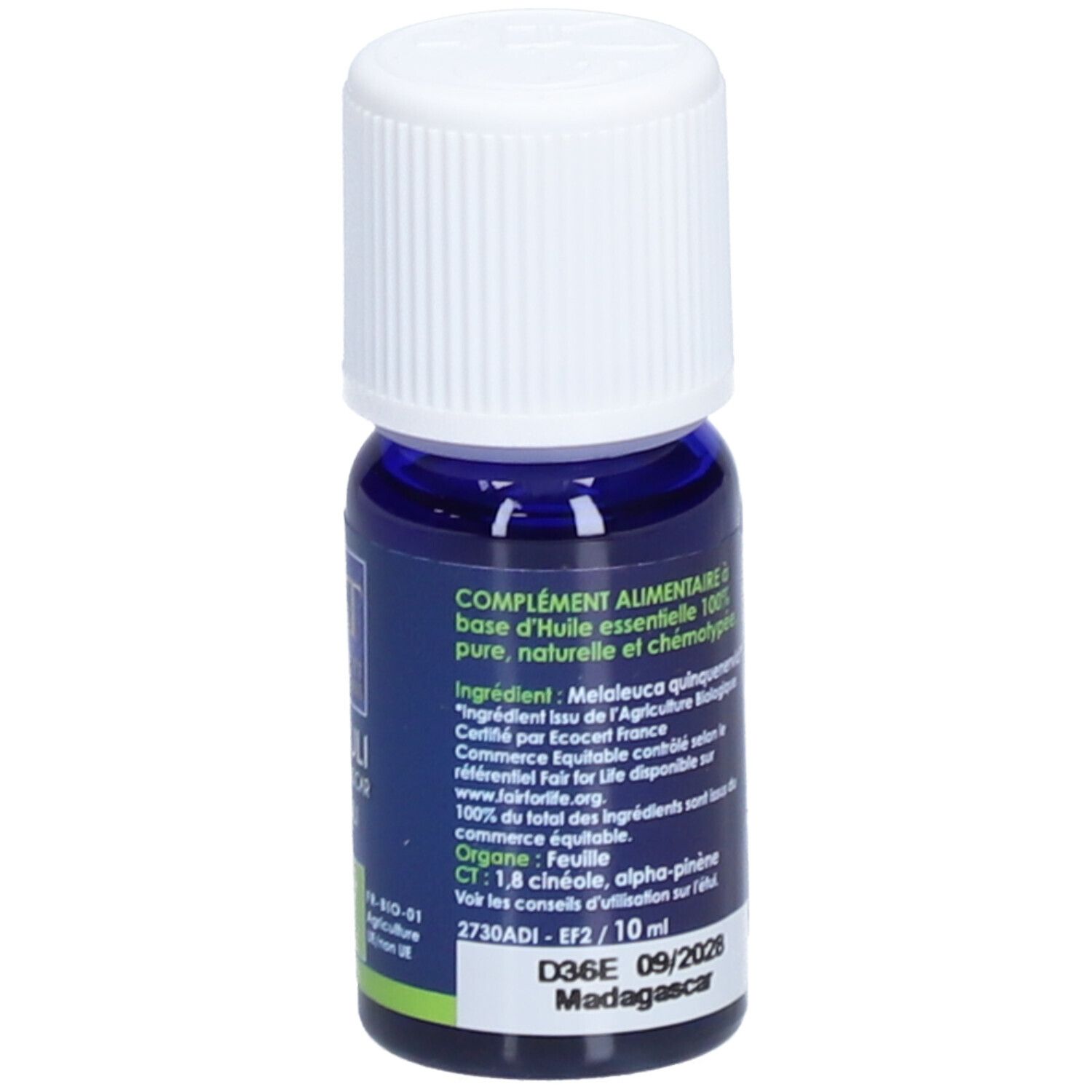 Blaues Glasfläschchen mit weißem Deckel. Text in mehreren Sprachen. Bio-Zertifizierung und Fair for Life-Siegel. 10 ml.