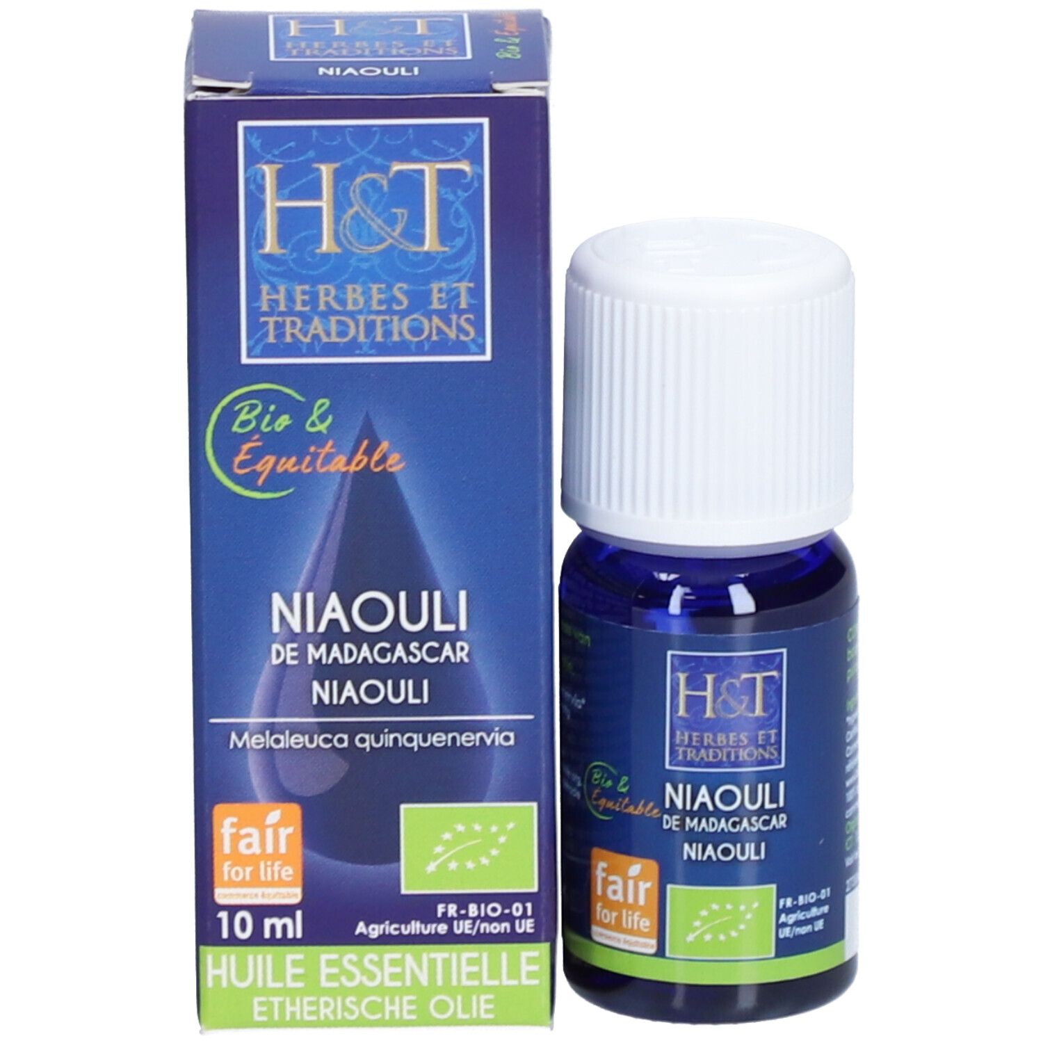 Produktflasche und Verpackung. Flasche: blau, weißer Deckel. Verpackung: blau, weiß. Aufschrift: H&T, Niaouli, 10 ml.