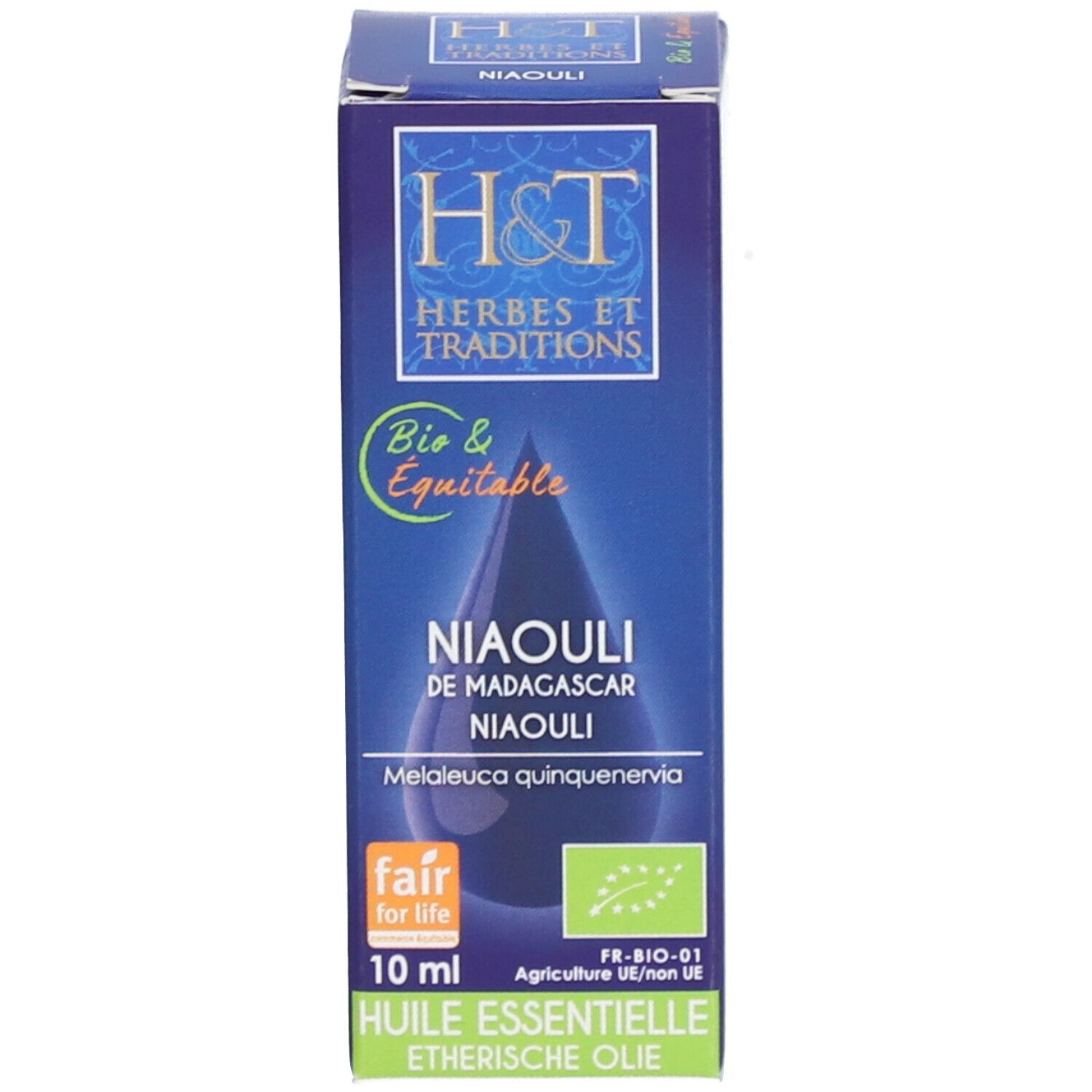 Produktverpackung. Blau, weiß. Aufschrift: H&T, Niaouli, 10 ml, Huile Essentielle. Bio-Zertifizierung und Fair for Life-Siegel.