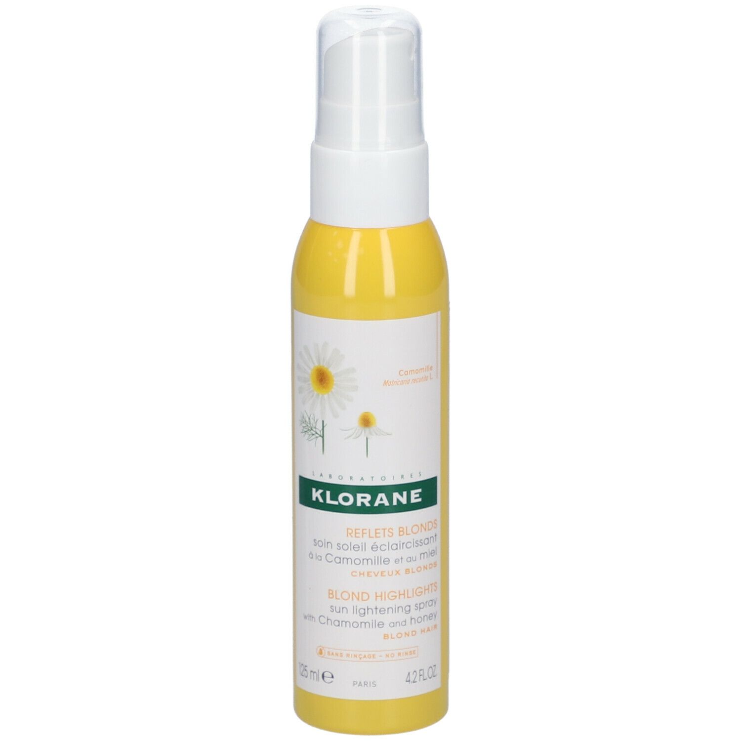 Flacon jaune avec vaporisateur blanc. Inscriptions: KLORANE, Reflets Blond, Blond Highlights. Camomille et miel.