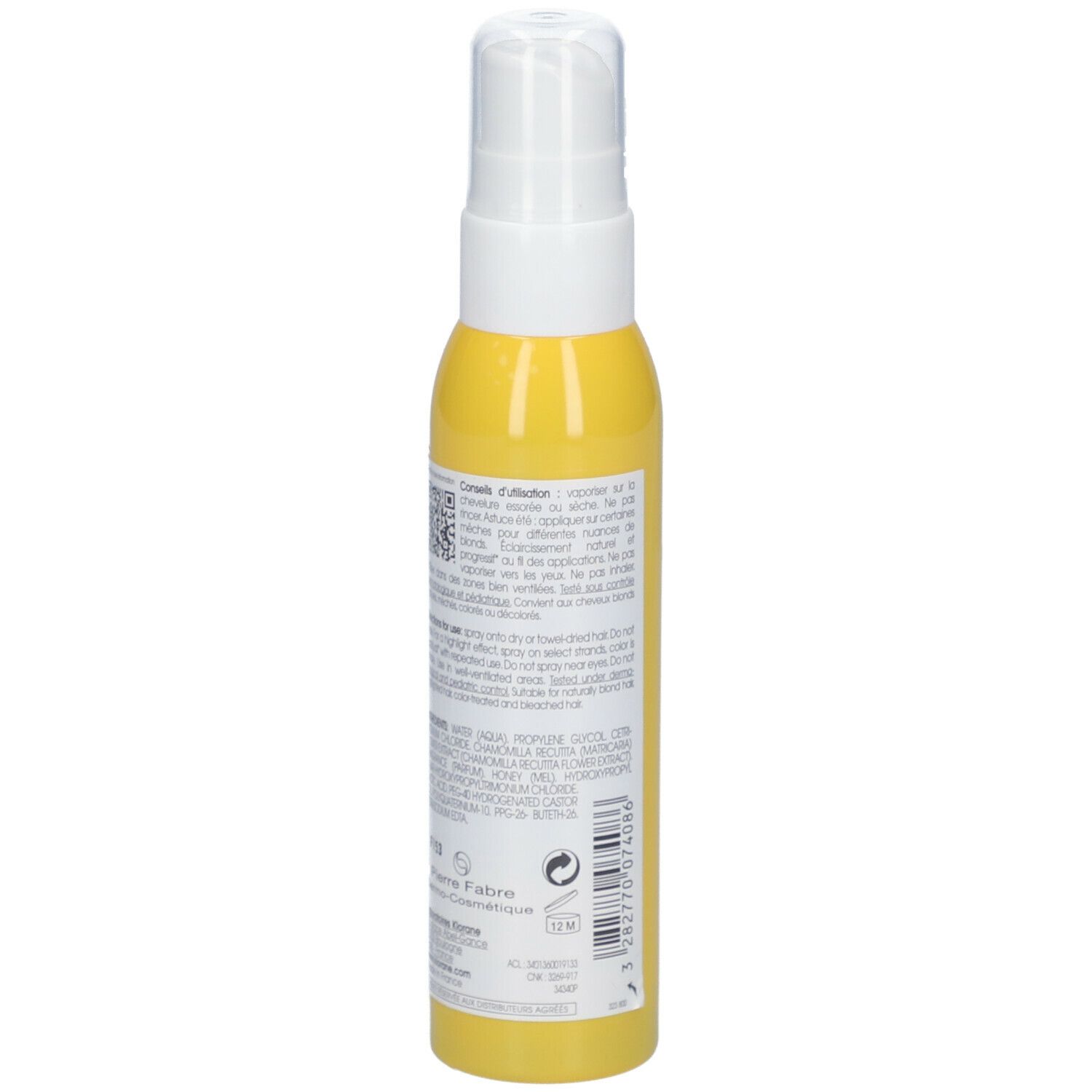 Flacon jaune avec vaporisateur blanc. Texte en français. Illustration de fleurs de camomille. Informations fabricant.