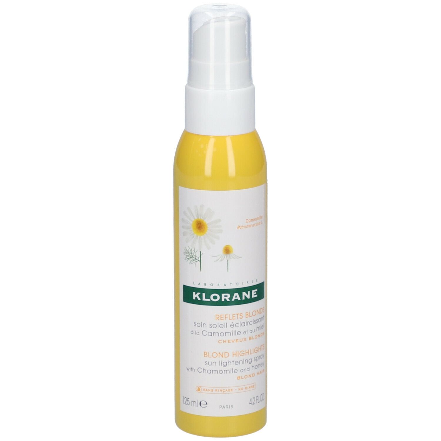 Flacon jaune avec vaporisateur blanc. Inscriptions: KLORANE, Reflets Blond, Blond Highlights. Camomille et miel.