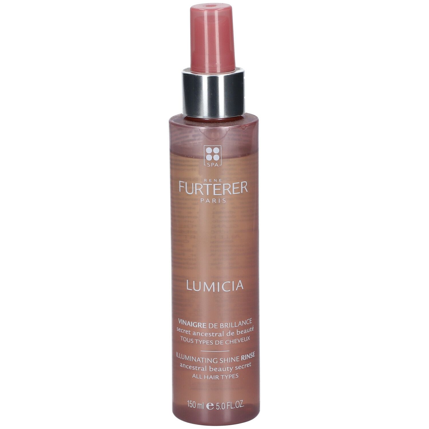 Flacon avec vaporisateur. Étiquette LUMICIA. Contenant incolore avec liquide brun. Col argenté, vaporisateur rose.
