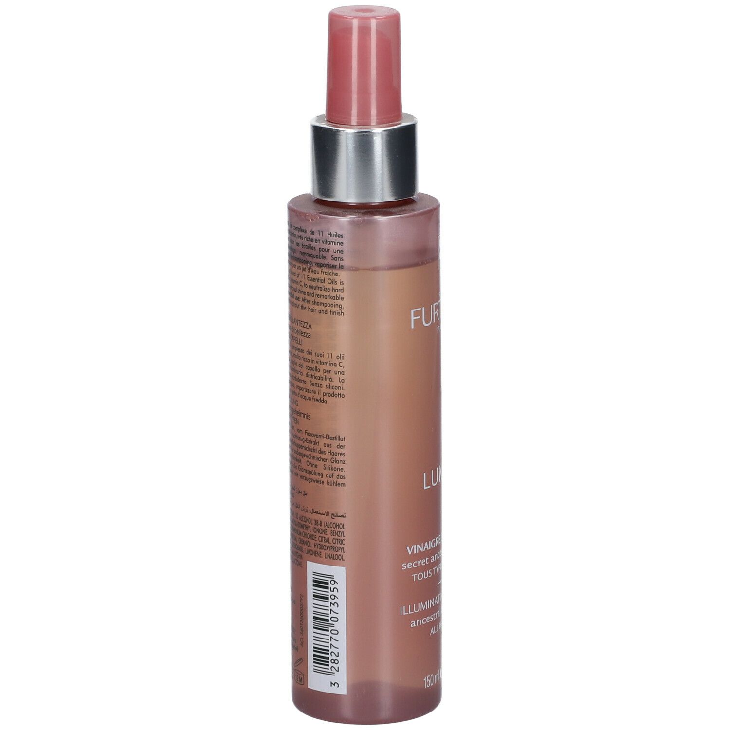 Flacon avec texte. Étiquette LUMICIA. Contenant incolore avec liquide brun. Col argenté, vaporisateur rose.