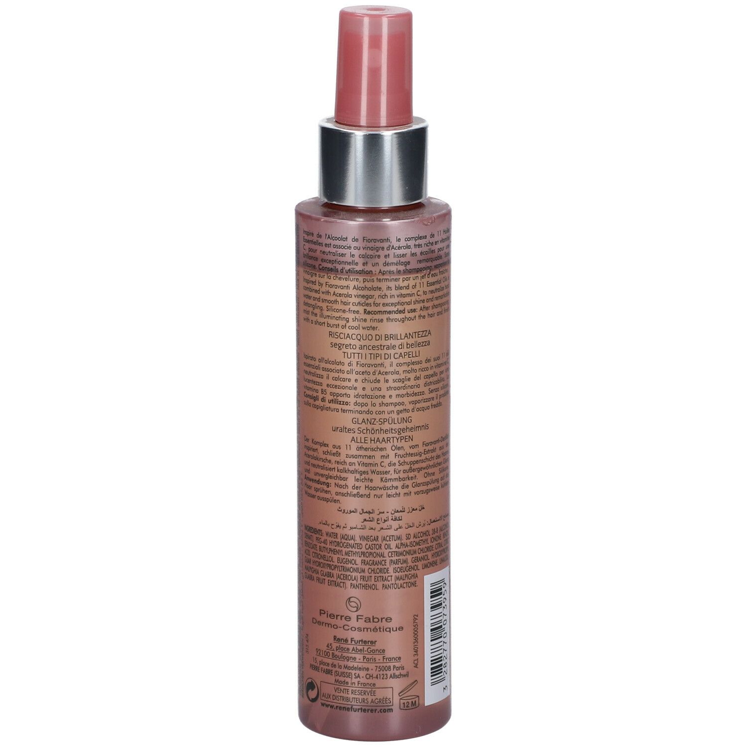 Dos du flacon avec texte. Étiquette LUMICIA. Contenant incolore avec liquide brun. Vaporisateur rose.