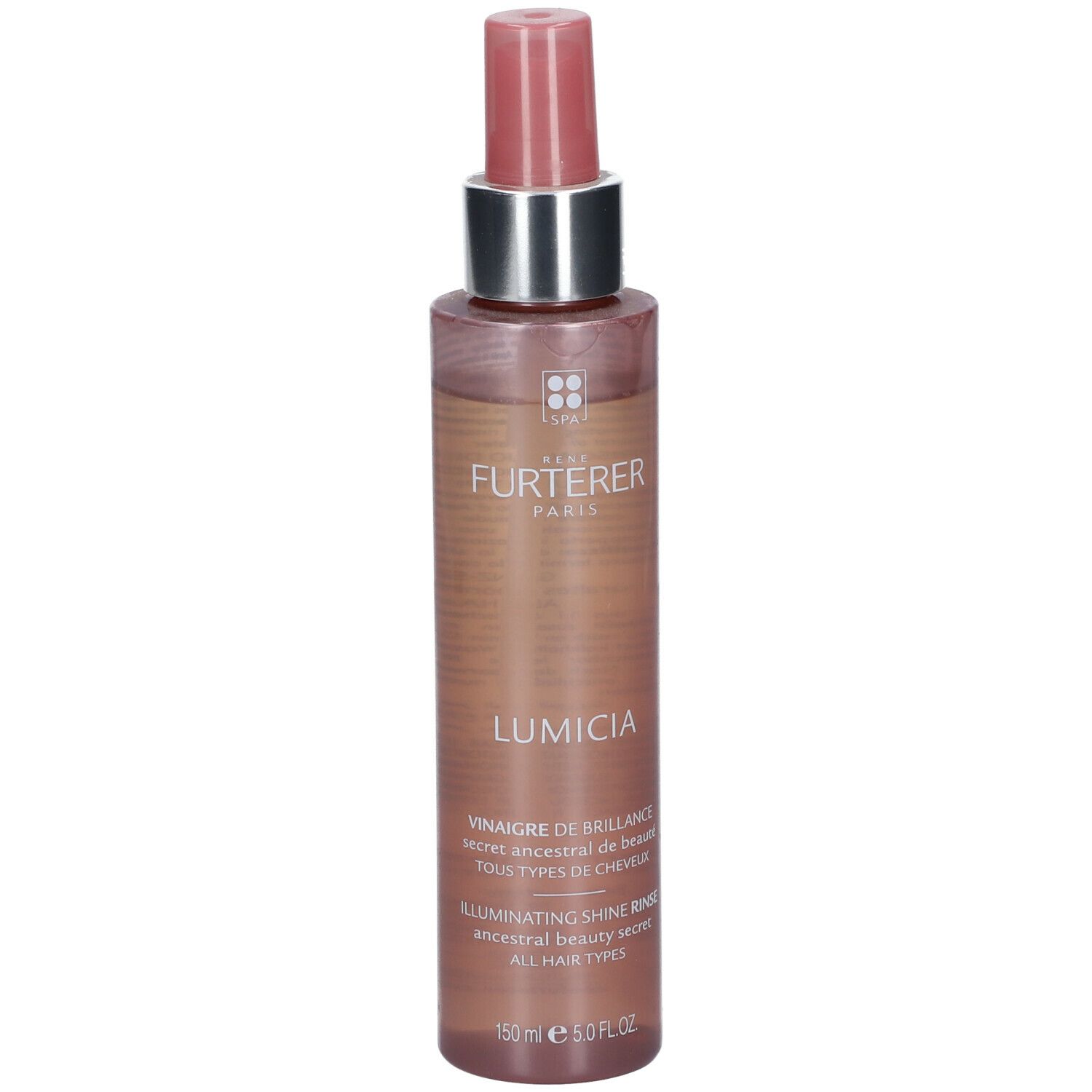 Flacon avec vaporisateur. Étiquette LUMICIA. Contenant incolore avec liquide brun. Col argenté, vaporisateur rose.