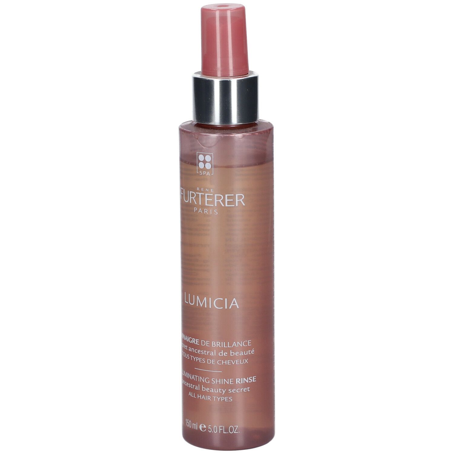 Flacon avec vaporisateur. Étiquette LUMICIA. Contenant incolore avec liquide brun. Col argenté, vaporisateur rose.