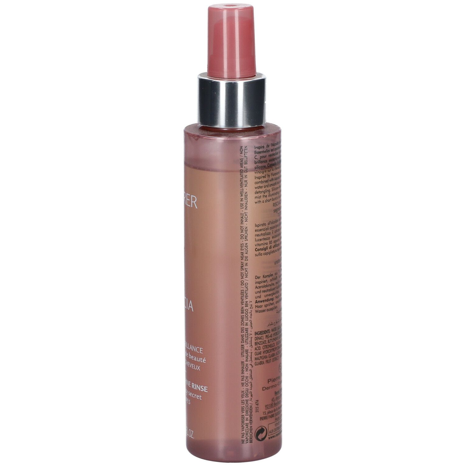 Flacon avec texte. Étiquette LUMICIA. Contenant incolore avec liquide brun. Col argenté, vaporisateur rose.