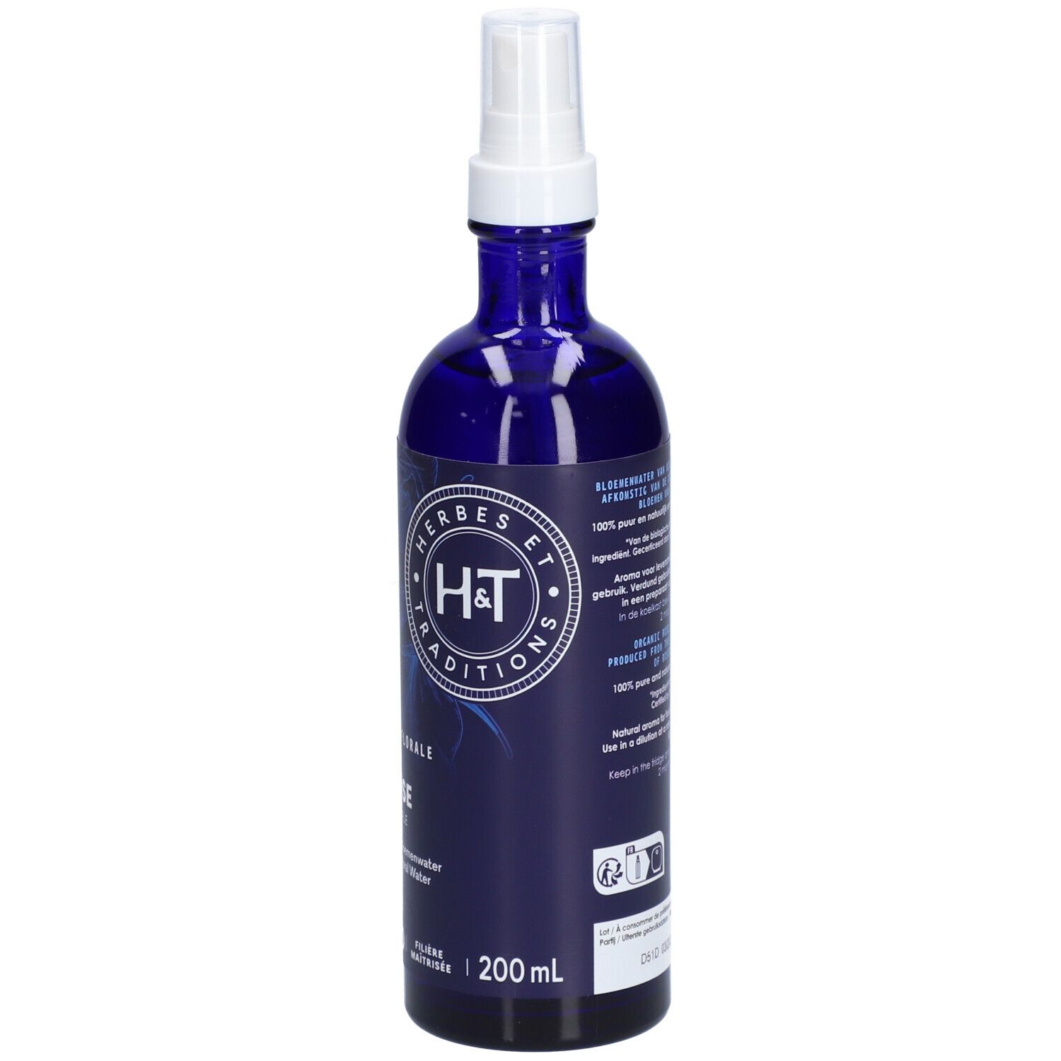 Flacon en verre bleu avec vaporisateur. Étiquette avec texte et "200 ml".