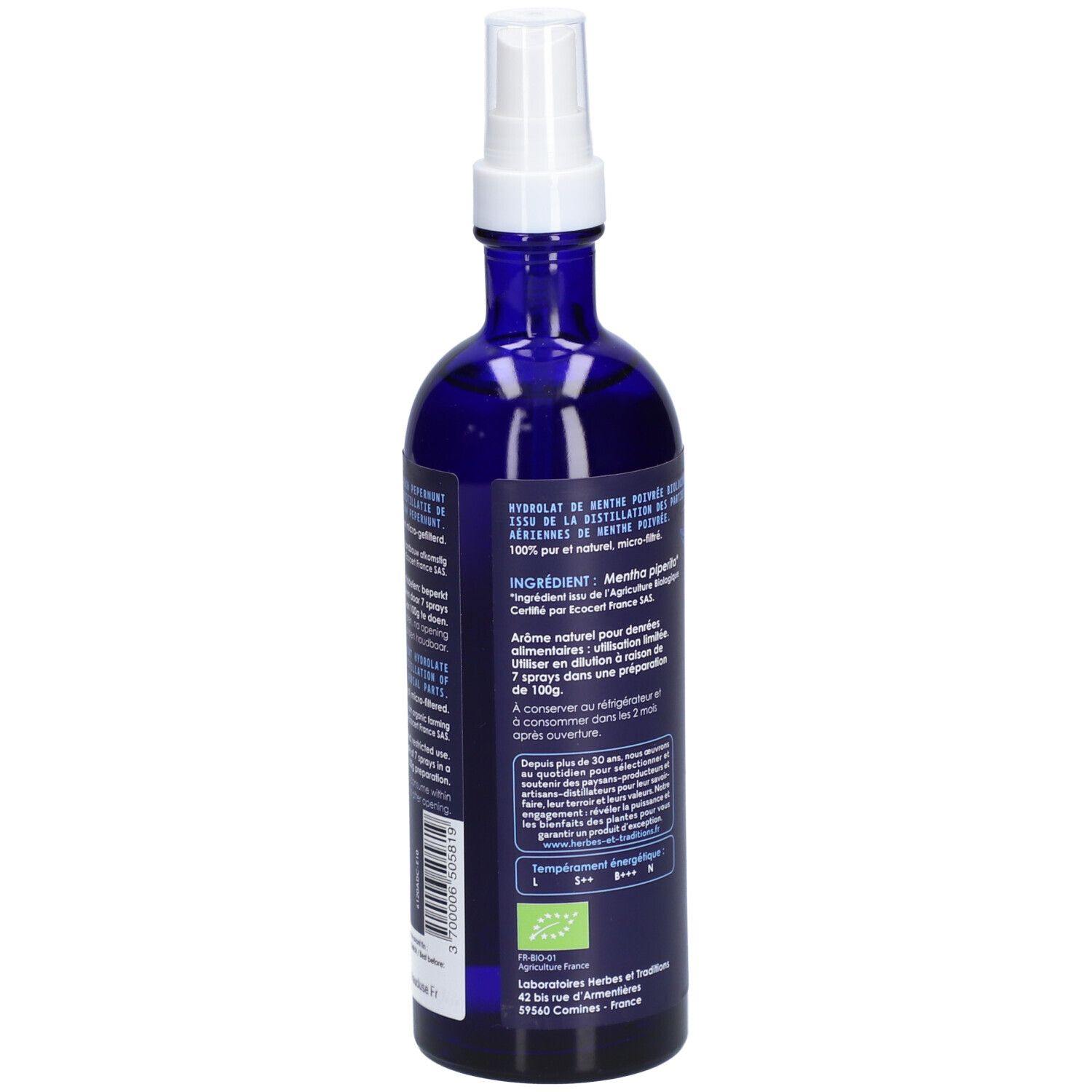Dos d'un flacon en verre bleu avec vaporisateur. Texte: ingrédients, utilisation, certification Bio.
